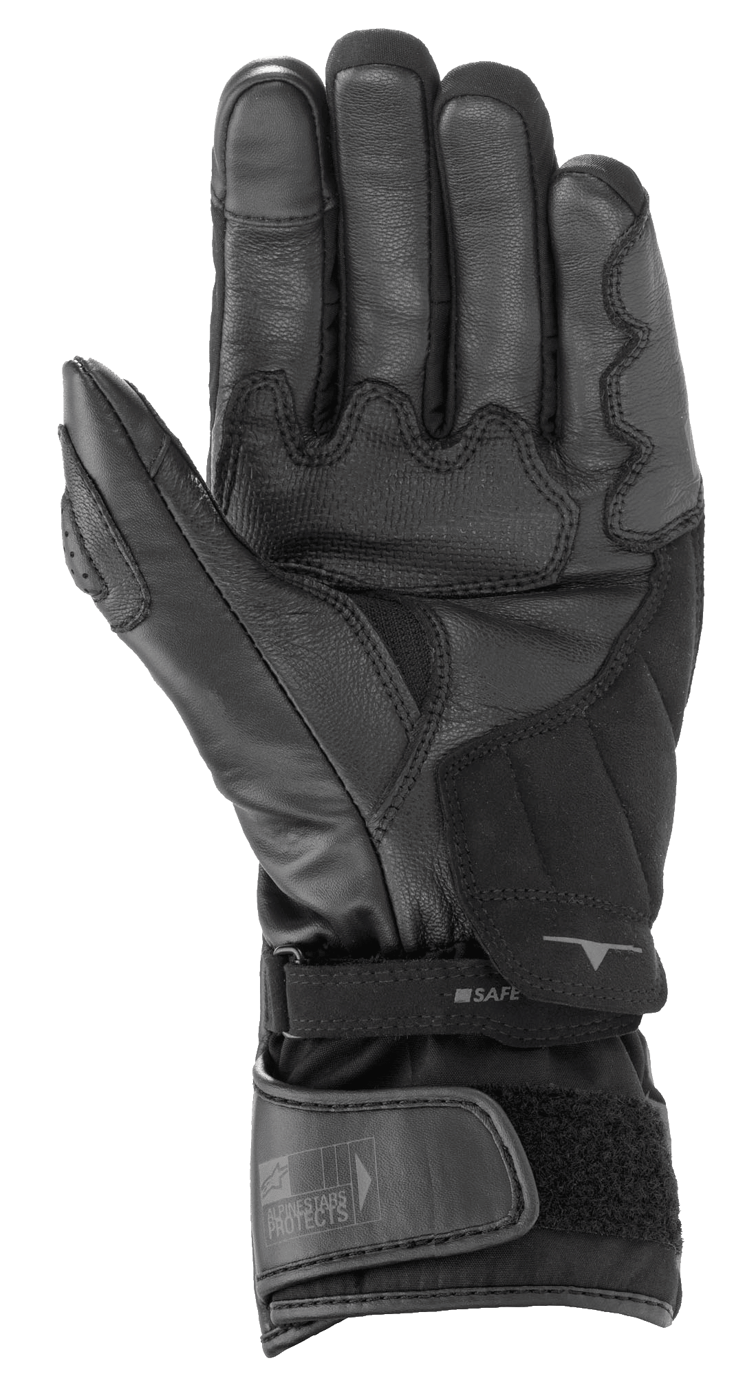 Alpinestars SP-365 Drystar® Handschuhe, Schwarz und Anthrazitgrau, Handflächenansicht mit verstärkter Leder- und Synthetik-Wildlederkonstruktion, wasserdichte Motorrad-Performance-Handschuhe mit verstellbarem Handgelenkverschluss