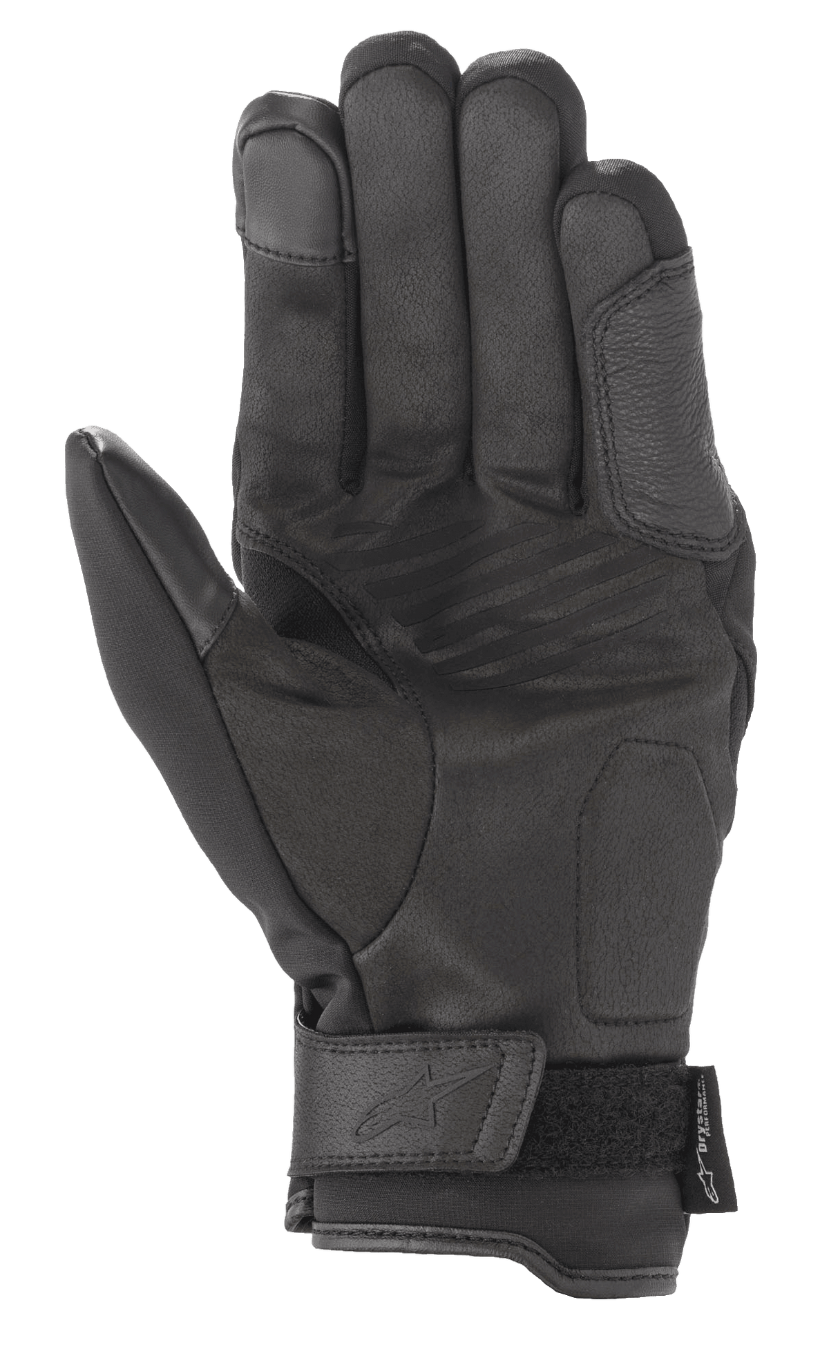 Alpinestars Syncro V2 Drystar® Handschuhe, Schwarz, urbane Motorradhandschuhe, Handflächenansicht mit verstärkter Konstruktion aus synthetischem Wildleder, gepolsterten Schutzzonen und verstellbarem Handgelenkverschluss mit geprägtem Logo.