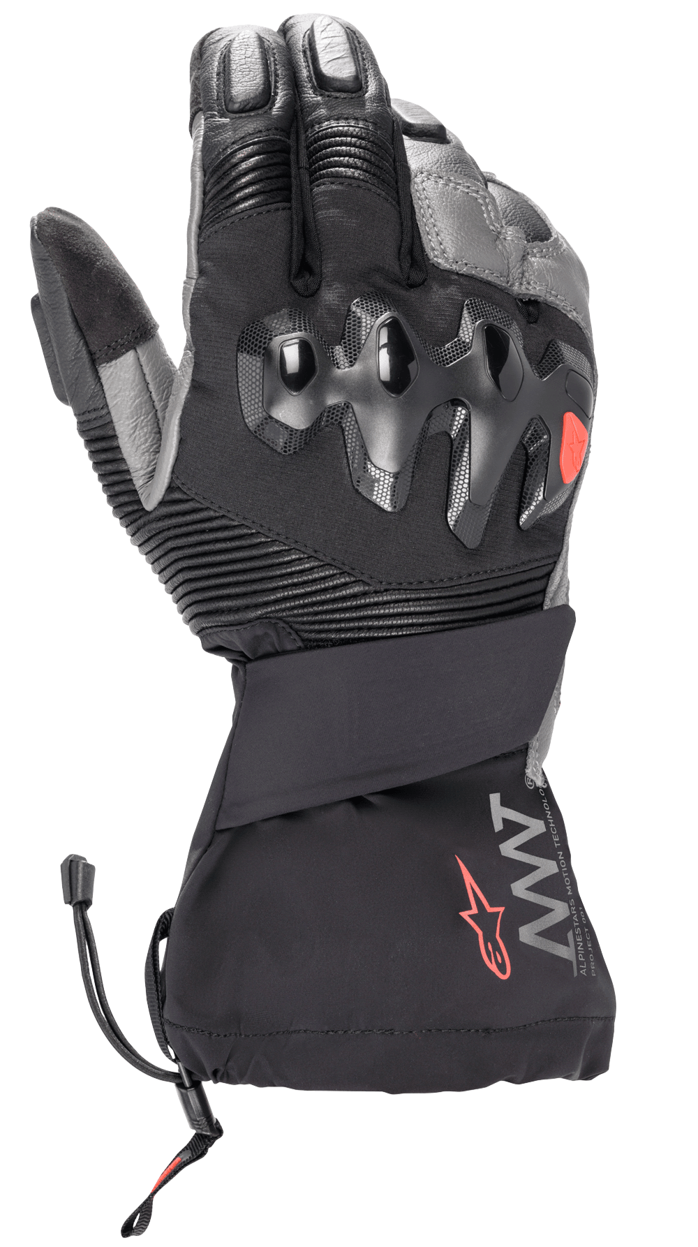 Alpinestars Amt-10 Drystar® XF Winterhandschuhe, Schwarz und Dunkelgrau, Motorrad-Winterhandschuhe mit langer Stulpe, übergespritzter Hartschalen-Knöchelschutz, Akkordeon-Stretcheinsätze an den Fingern, AMT-Branding mit rotem Stern-Logo, Kordelzugverschluss an der Stulpe