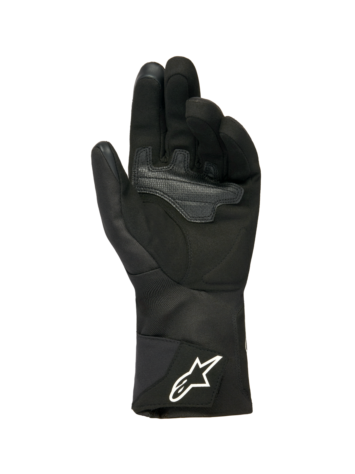 Alpinestars Stella WT-1 Drystar® Isolierte Damen-Handschuhe, Schwarz, Handflächenansicht mit weichem Wildleder und Verstärkung für Griffsicherheit, lange Textilmanschette mit weißem Alpinestars-Logo auf dem Riemen, Touchscreen-kompatible Fingerspitzen, technische Winter-Motorradausrüstung