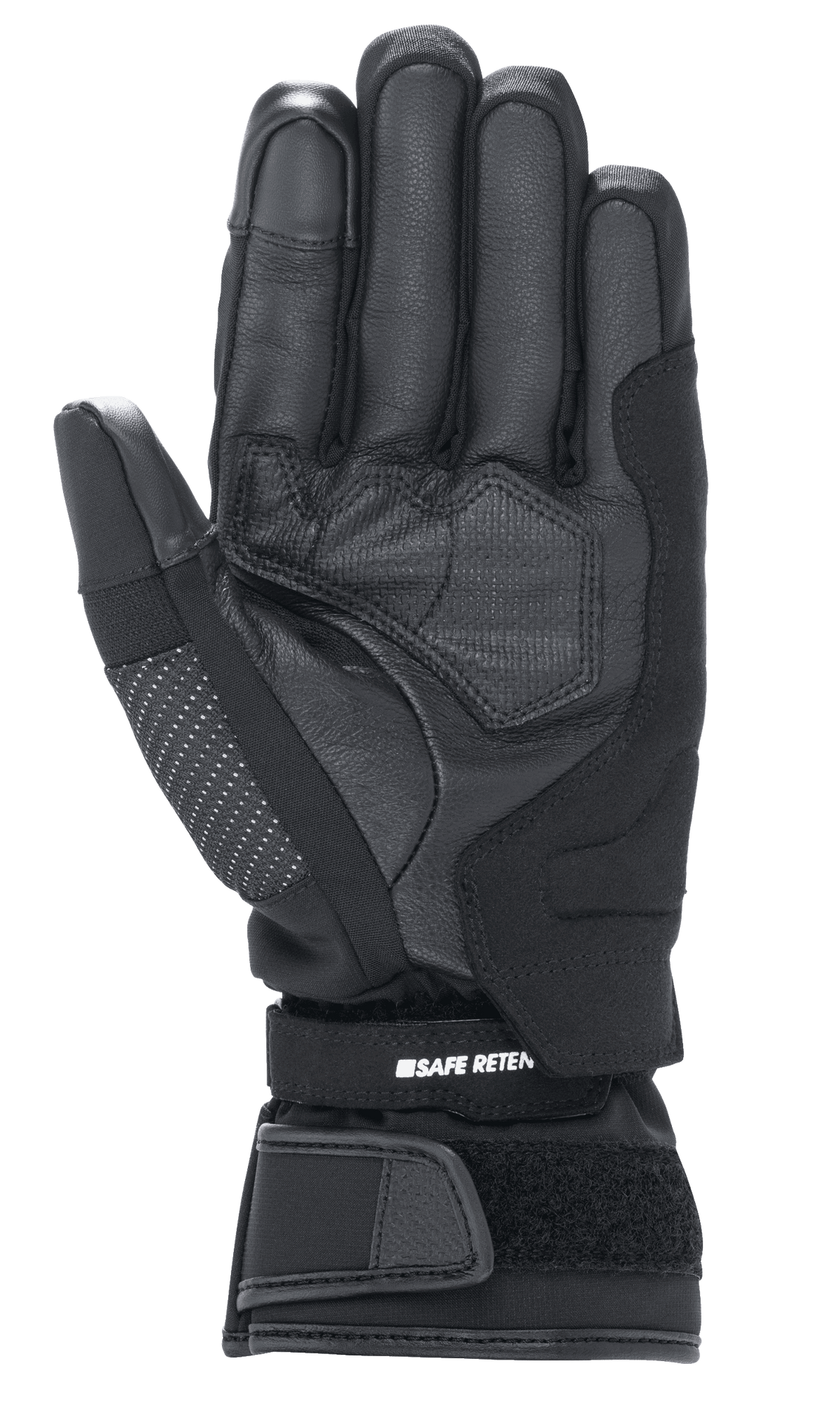 Alpinestars Damen Stella Andes V3 Drystar® Handschuhe, Motorradhandschuhe in Schwarz Anthrazit, Handflächenansicht mit Ziegenlederkonstruktion, verstärkte Polsterung und verstellbarer Klettverschluss am Handgelenk mit Safe Retention Branding.