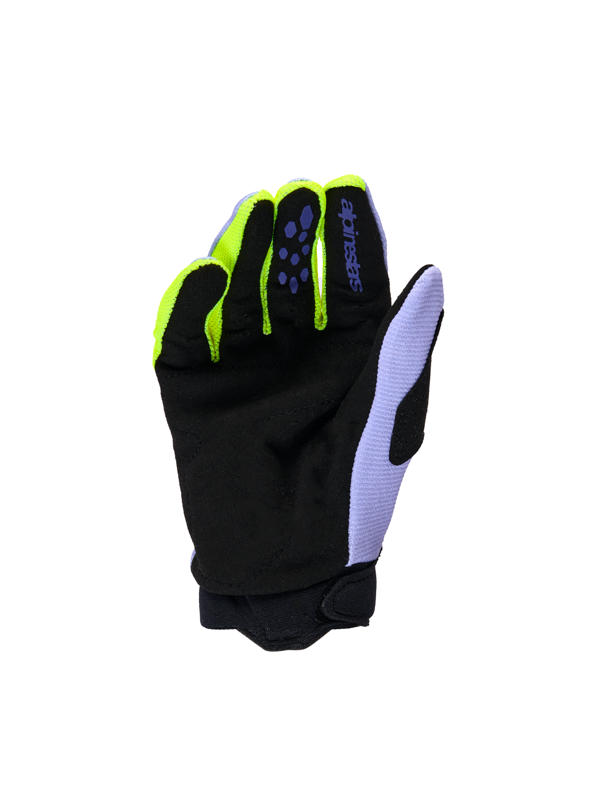 Alpinestars Jugend & Kinder Full Bore V2 Handschuhe, Motocross-Handschuhe, Lila Gelb Fluo, Handflächenansicht mit schwarzem, verstärktem synthetischem Wildleder, neongelben Fingerakzenten und lavendelfarbenem Daumen-Panel, strapazierfähige Konstruktion für junge Offroad-Fahrer