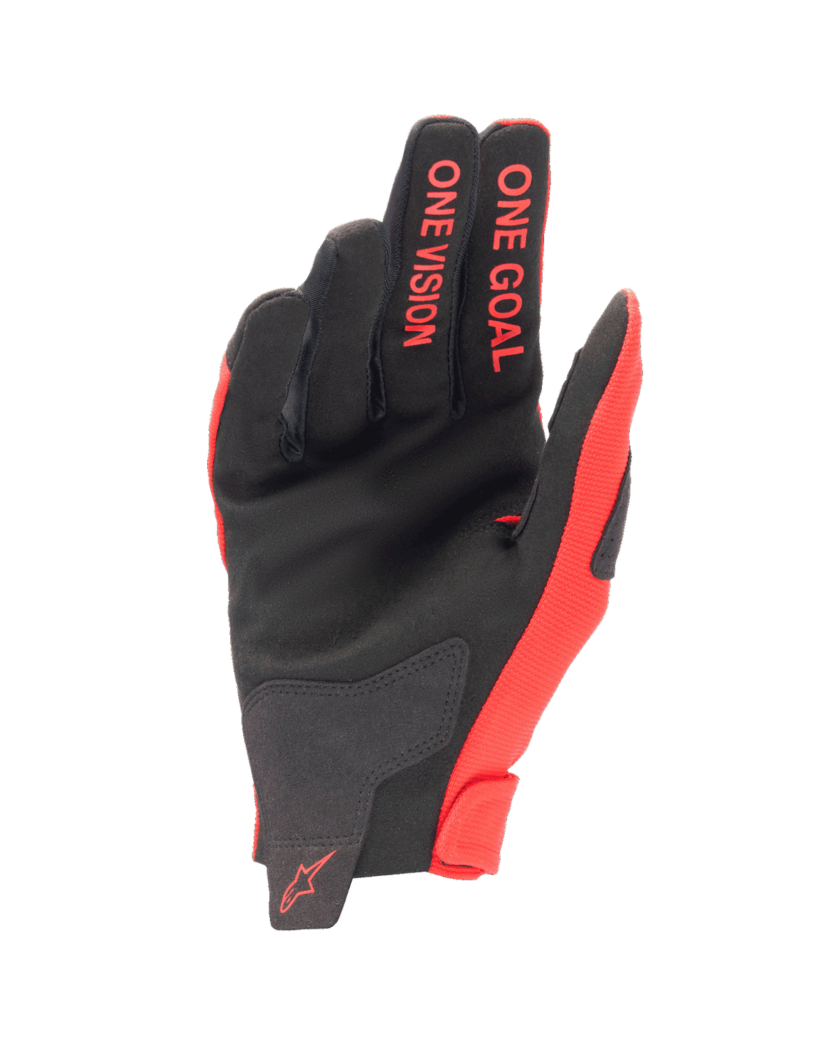 Alpinestars Jugend 2024 Radar Handschuhe, Motocross-Handschuhe, Mars Rot und Schwarz, Handflächenansicht mit synthetischer Wildlederkonstruktion, 'ONE GOAL ONE VISION' Schriftzug auf den Fingern, leichte Offroad-Rennausrüstung