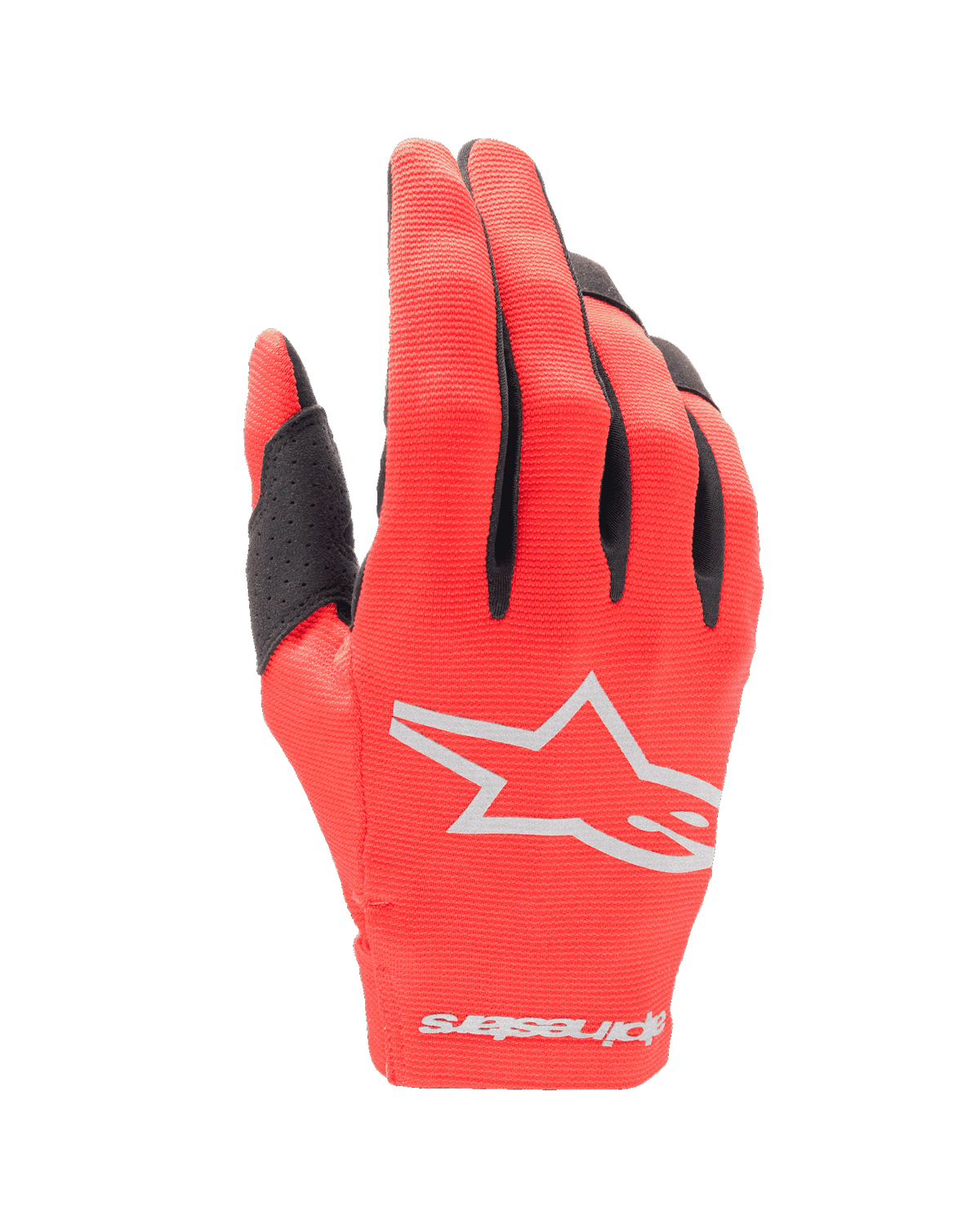 Alpinestars Youth 2024 Radar Handschuhe, Motocross-Handschuhe, Mars-Rot und Silber, Handrückenansicht mit weißem Stern-Logo und Schriftzug auf der Manschette, leichtes Stretch-Gewebe mit schwarzen Fingerakzenten, strapazierfähige Offroad-Rennausrüstung für Jugendliche