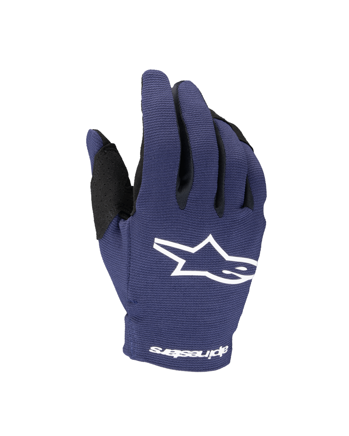 Alpinestars 2025 Youth Radar Gloves, Motocross Gloves, Night Navy and White, featuring a white star logo on the backhand and Alpinestars text on the wrist, single-layer stretch construction for off-road racing