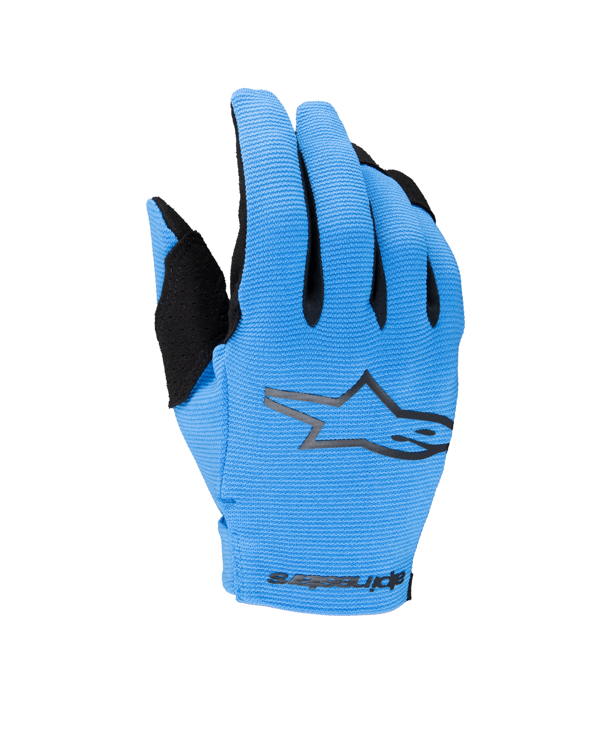 Alpinestars 2025 Youth Radar Handschuhe, Motocross-Offroad-Handschuhe, Blau und Schwarz, mit einer texturierten hellblauen Oberhand, einem schwarzen Stern-Logo und Alpinestars-Branding am Handgelenk, Motorradhandschuhe für Jugendliche