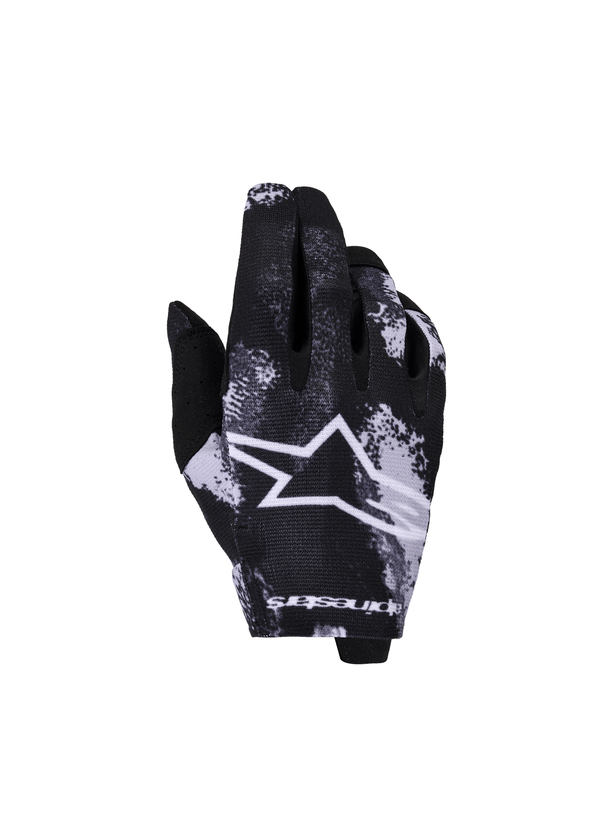 Alpinestars 2026 Youth Radar Handschuhe, Motocross- und Offroad-Handschuhe, Schwarz und Weiß, Stern-Logo mit Spritzmuster, strukturierte Materialkonstruktion, Jugendgröße