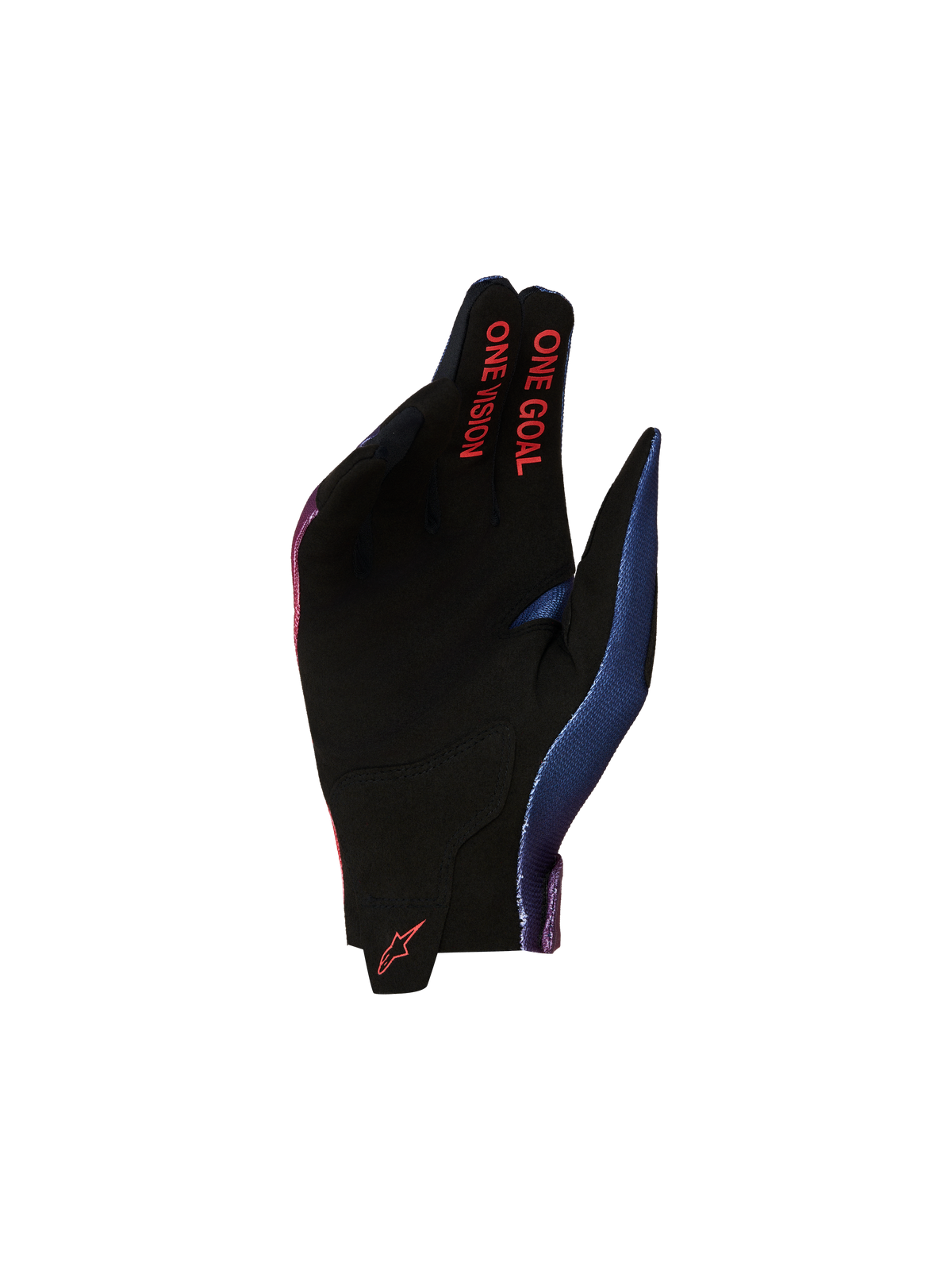 Alpinestars Radar Jugend-Handschuhe für Motocross, schwarze Wildlederhandfläche mit rotem „One Goal One Vision“-Text und blauen Akzenten.
