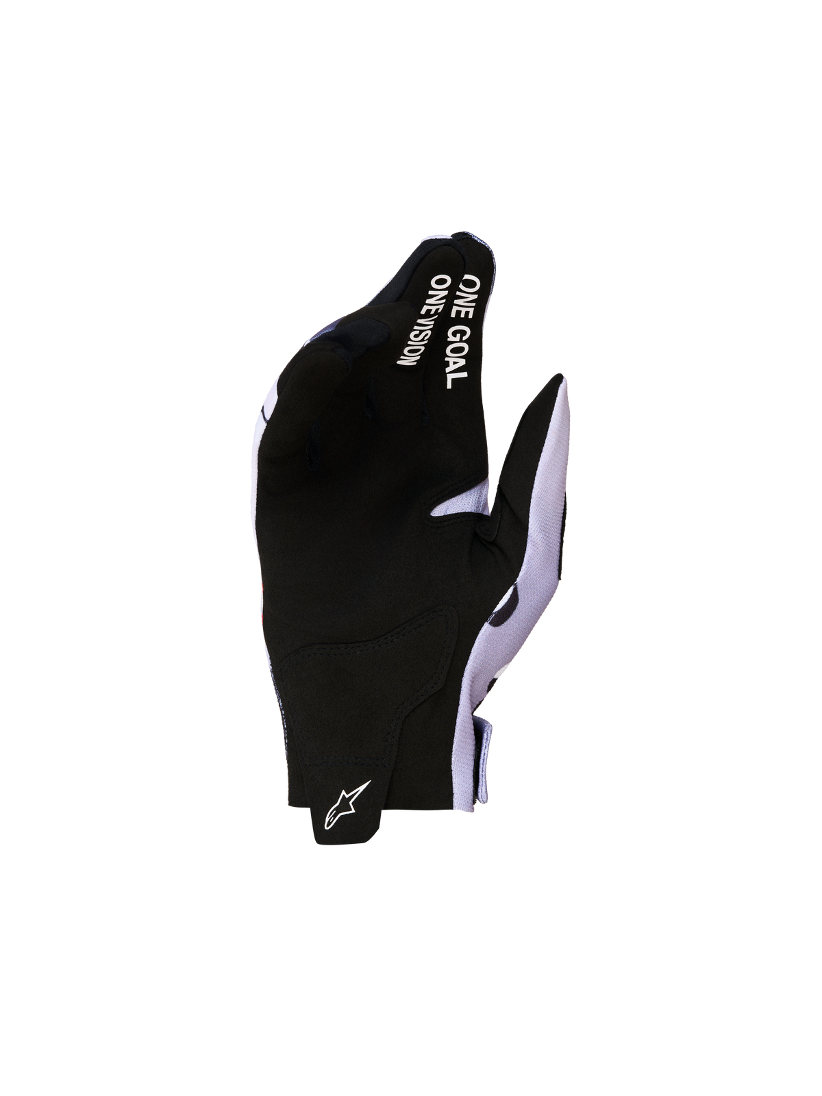 Alpinestars Radar Jugend-Motocrosshandschuhe in Schwarz und Grau mit Wildlederhandfläche und weißem Schriftzug.