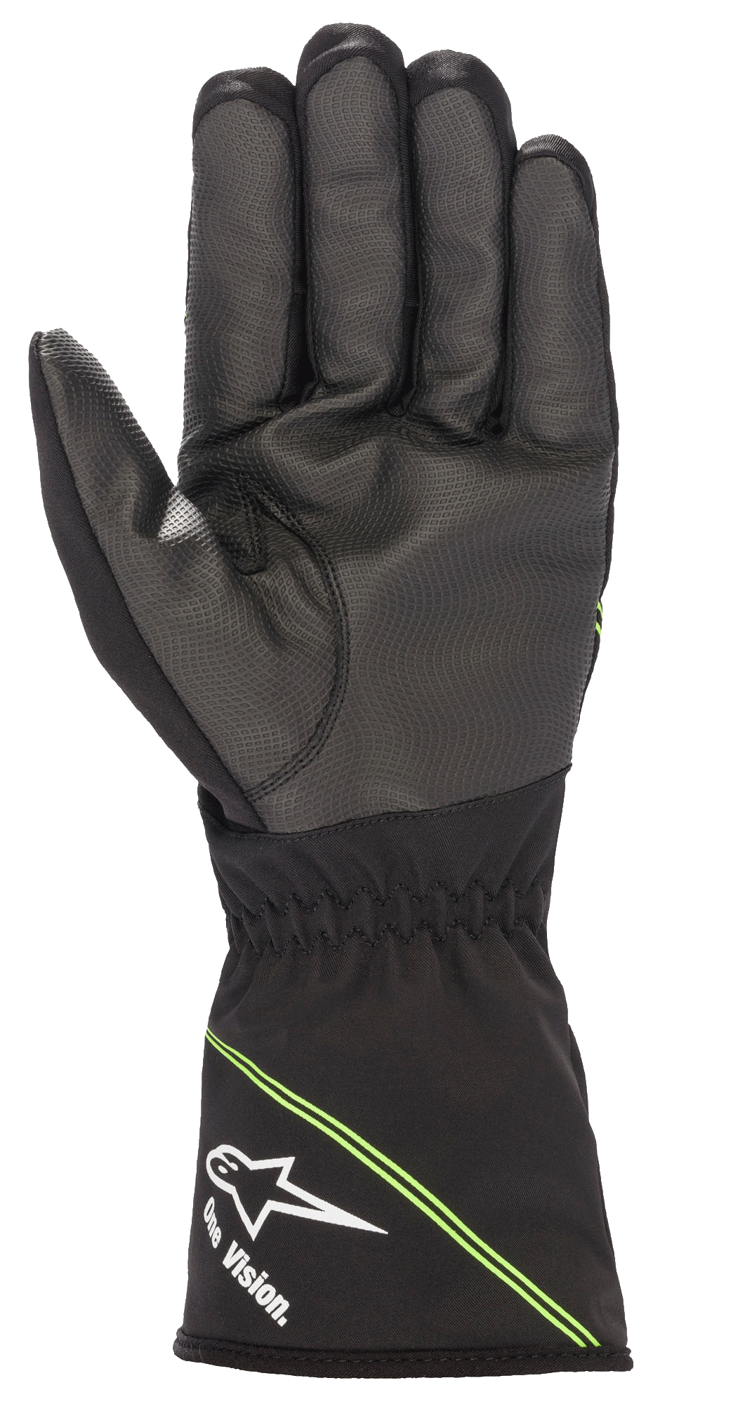 Alpinestars Jugend Tempest V2 Wasserdichte Handschuhe, Karthandschuhe, Schwarz mit fluoreszierend grünen Akzenten, Handflächenansicht mit strukturierter Gummimischung für verbesserten Grip, Stulpenmanschette mit weißem Alpinestars-Logo und 'One Vision.' Branding, diagonale grüne Streifen, entwickelt für Rennen bei nassem Wetter