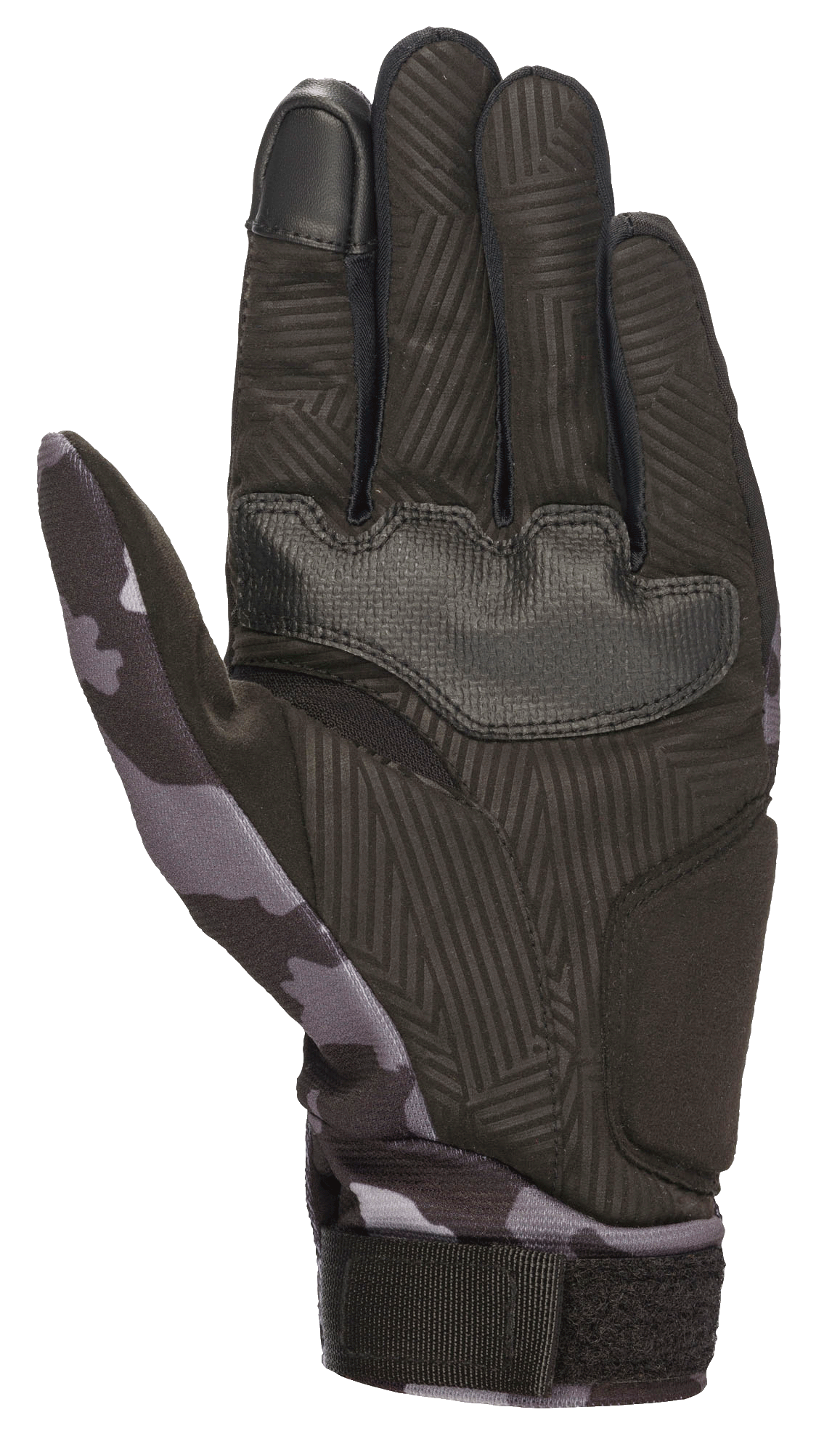Alpinestars Youth Reef Handschuhe, Schwarz-Grau-Camo, Innenhandansicht mit synthetischem Wildleder und strukturiertem Grip, Camouflage-Muster an Daumen und Handgelenk, touchscreen-kompatibler Zeigefinger, urbane Motorradhandschuhe