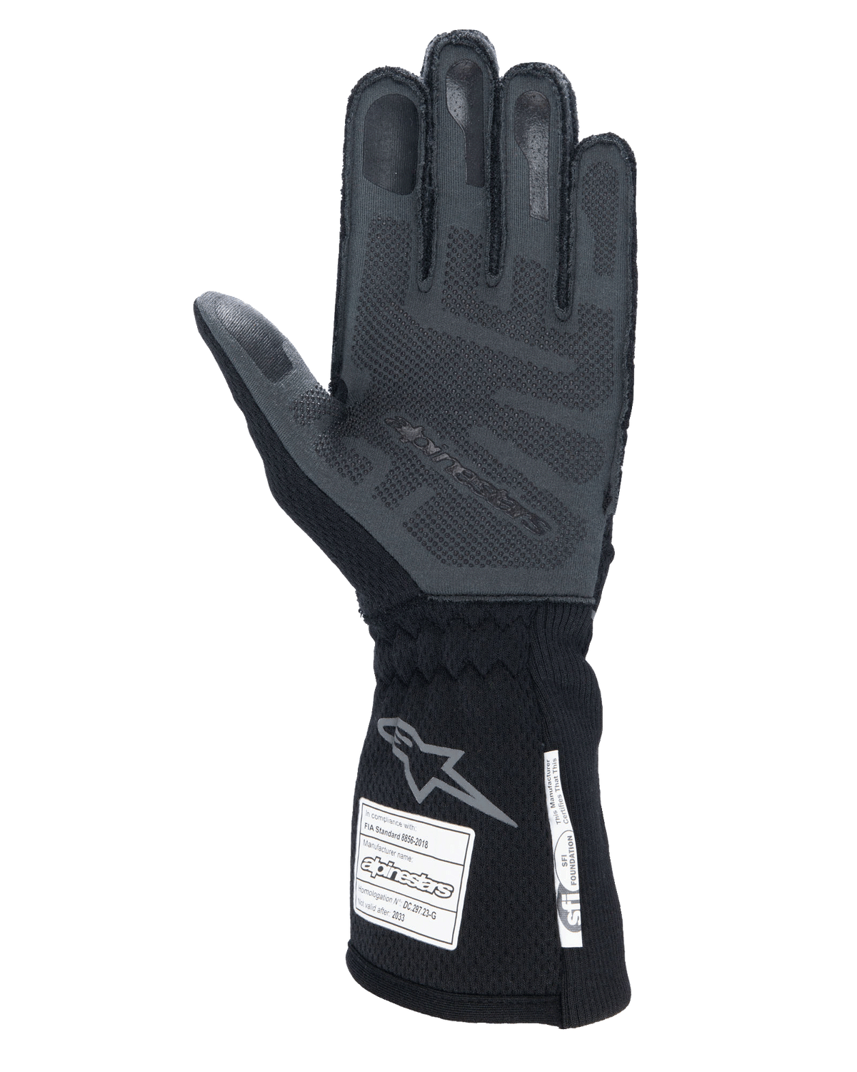 Alpinestars Tech-1 ZX V4 Handschuhe, Schwarz Anthrazit, Handflächenansicht mit strukturierter 3D-Silikon-Grifffläche, lange Manschette mit FIA- und SFI-Sicherheitszertifizierungs-Labels, professionelle Auto-Rennhandschuhe