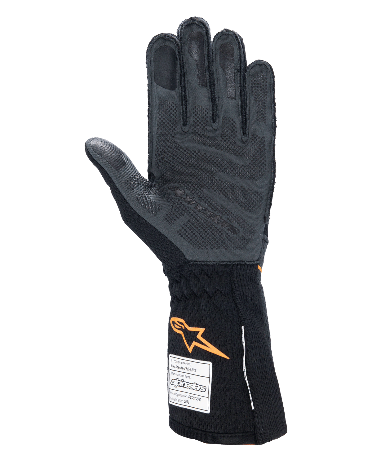 Alpinestars Tech-1 ZX V4 Handschuhe, Auto-Rennhandschuhe, Schwarz und Fluo-Orange, Handflächenansicht mit 3D-Silikon-Grip-Muster und Wabenstruktur, sichtbare FIA- und SFI-Homologationsetiketten an der Manschette, professionelle Motorsport-Ausrüstung