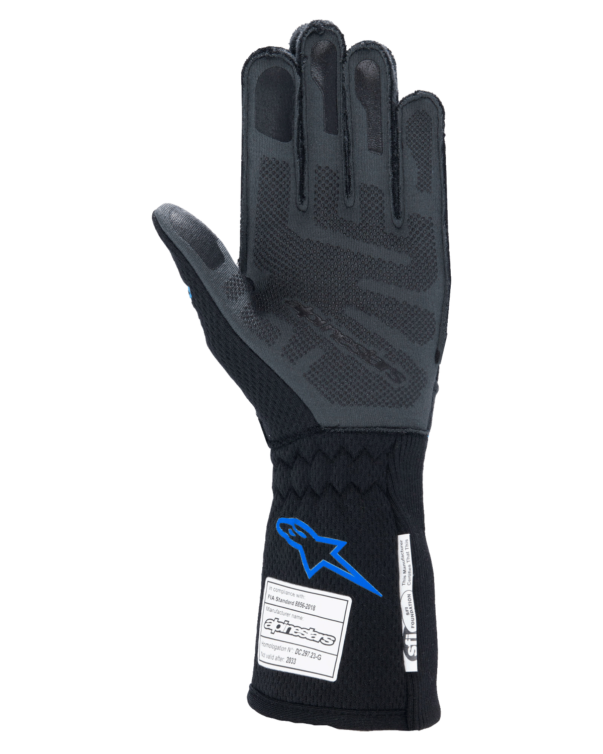 Alpinestars Tech-1 ZX V4 Handschuhe, Auto-Rennhandschuhe, Schwarz und Blau, Innenansicht der Handfläche zeigt graue 3D-Silikon-Grip-Technologie, mit FIA- und SFI-Zertifizierungsetiketten an der Manschette, professioneller Motorsport-Schutz