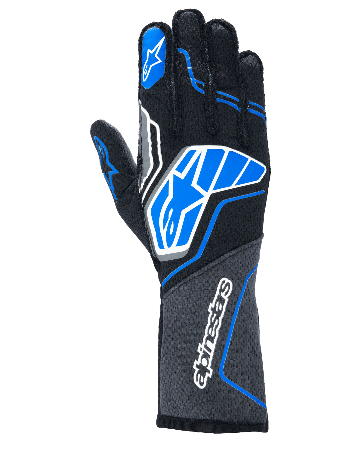 Alpinestars Tech-1 ZX V4 Handschuhe, Auto-Rennhandschuhe, Schwarz mit blauen und grauen Akzenten, weißes Alpinestars Stern-Logo und Schriftzug, Wabenstruktur-Gewebe, professionelle Motorsport-Ausrüstung