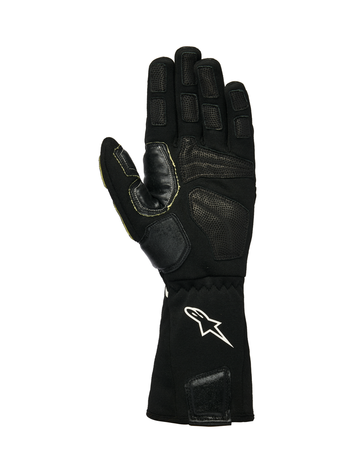 Alpinestars Tech-M V2 FIA Handschuhe, Boxencrew-Handschuhe, Schwarz und Weiß, Handflächenansicht mit strukturiertem Leder und Silikon-Grip-Patches, weißes Stern-Logo auf der elastischen Manschette, konzipiert für den Einsatz von Schlagschraubern im Motorsport