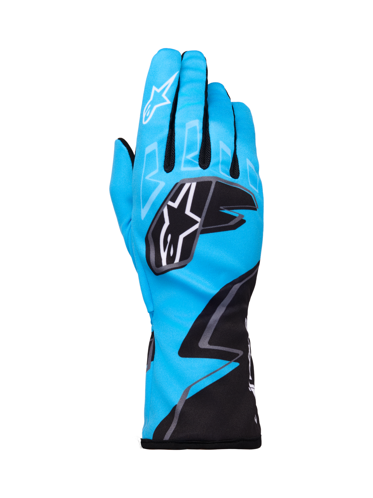 Alpinestars Tech-1 K Race V2 Gloves Graphic 1, Karting Racing Gloves, Cyan Black and White, featuring bold geometric patterns, white Alpinestars star logo on knuckles, extended cuff, lightweight and breathable material for karting performance