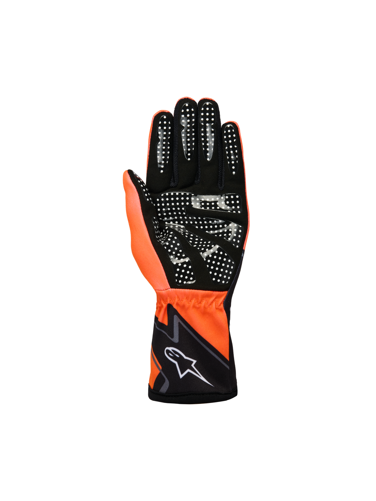 Alpinestars Youth Tech-1 K Race S V2 Graphic 1 Handschuhe, Kart-Handschuhe, Fluo-Orange, Schwarz und Weiß, Handflächenansicht mit schwarzem synthetischem Wildleder, weißem Silikon-Grip-Muster, fluo-orangenem Daumen und schwarzer Manschette mit weißem Alpinestars-Logo