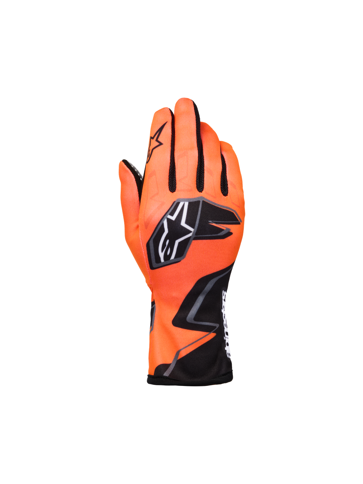 Alpinestars Youth Tech-1 K Race S V2 Graphic 1 Handschuhe, Kart-Rennhandschuhe, Fluo-Orange und Schwarz, mit markantem Stern-Logo und aggressiven Grafiken, Handrückenansicht mit schwarzen Mesh-Fingereinsätzen, leichte Textilkonstruktion für den Jugend-Rennsport