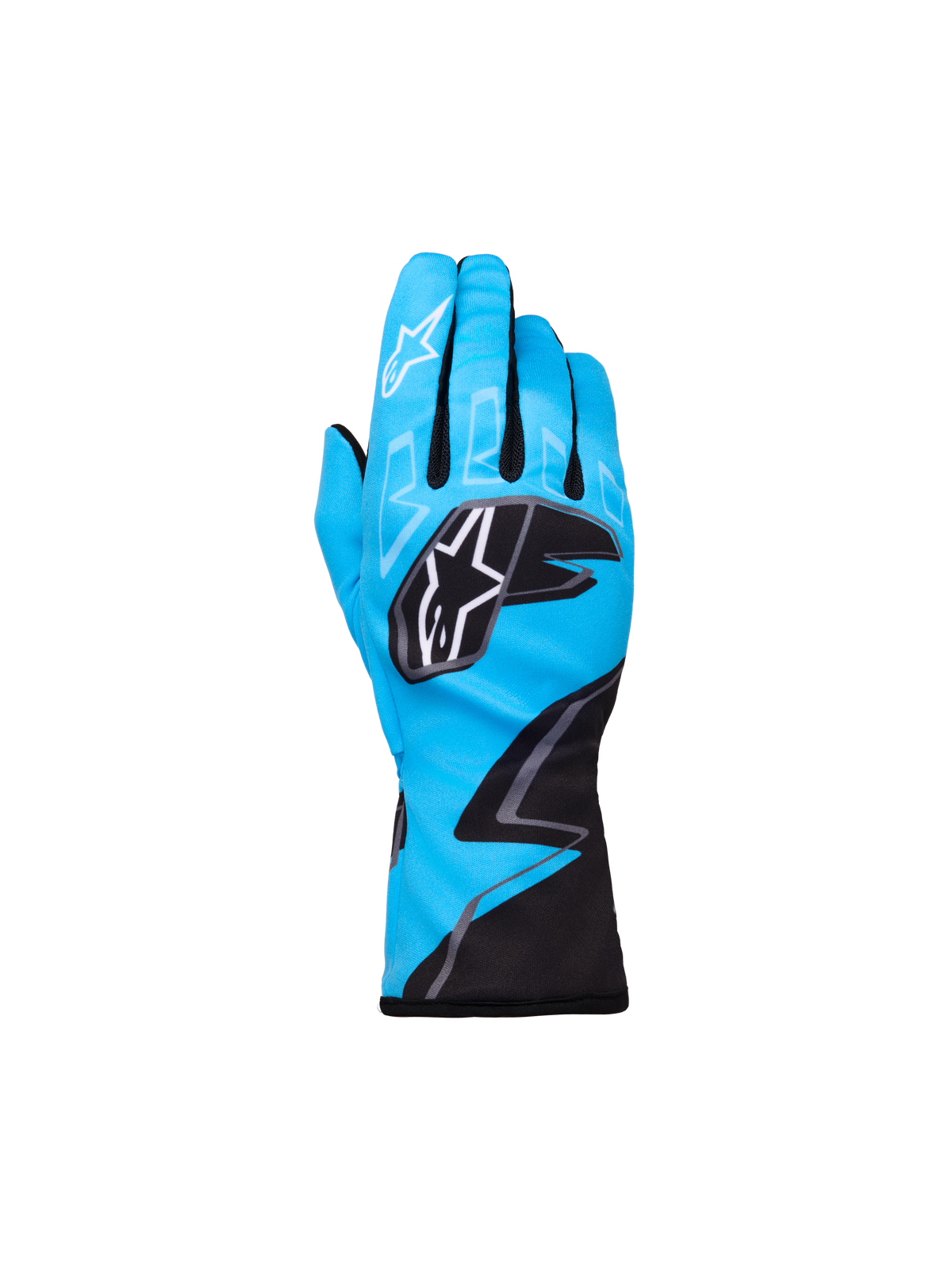 Alpinestars Youth Tech-1 K Race S V2 Graphic 1 Handschuhe, Kart-Rennhandschuhe, Cyan-Blau mit schwarzen und weißen Akzenten, Alpinestars Stern-Logos auf Knöcheln und Zeigefinger, Zickzack-Grafikmuster, leichter sportlicher Schutz für jugendliche Rennfahrer