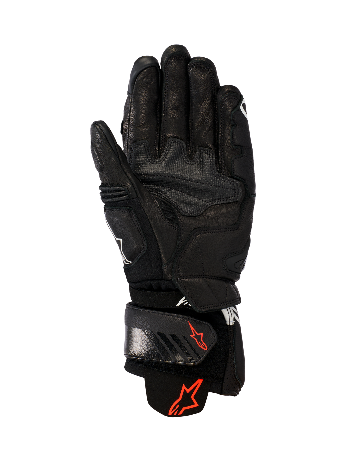 Alpinestars GP Plus R V3 Leather Gloves, Black, palm view showing durable leather construction, red Astars logos on the wrist strap and cuff, reinforced grip panels, and an adjustable closure for racing and sport performance.