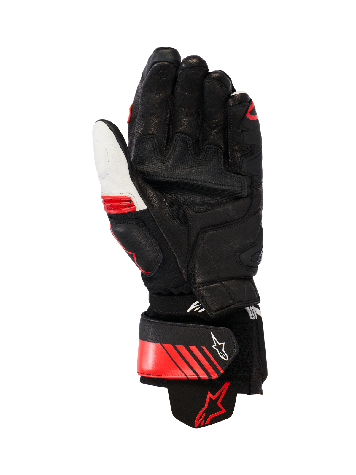 Alpinestars GP Plus R V3 Lederhandschuhe, Racing/Sport Motorradhandschuhe, Schwarz Weiß und leuchtendes Rot, Handflächenansicht mit verstärkter Lederkonstruktion, Handflächen-Slidern und einer Aramid-Stretch-Manschette, mit sicherem Handgelenkverschluss mit Alpinestars-Logo und ergonomischem, vorgekrümmtem Design