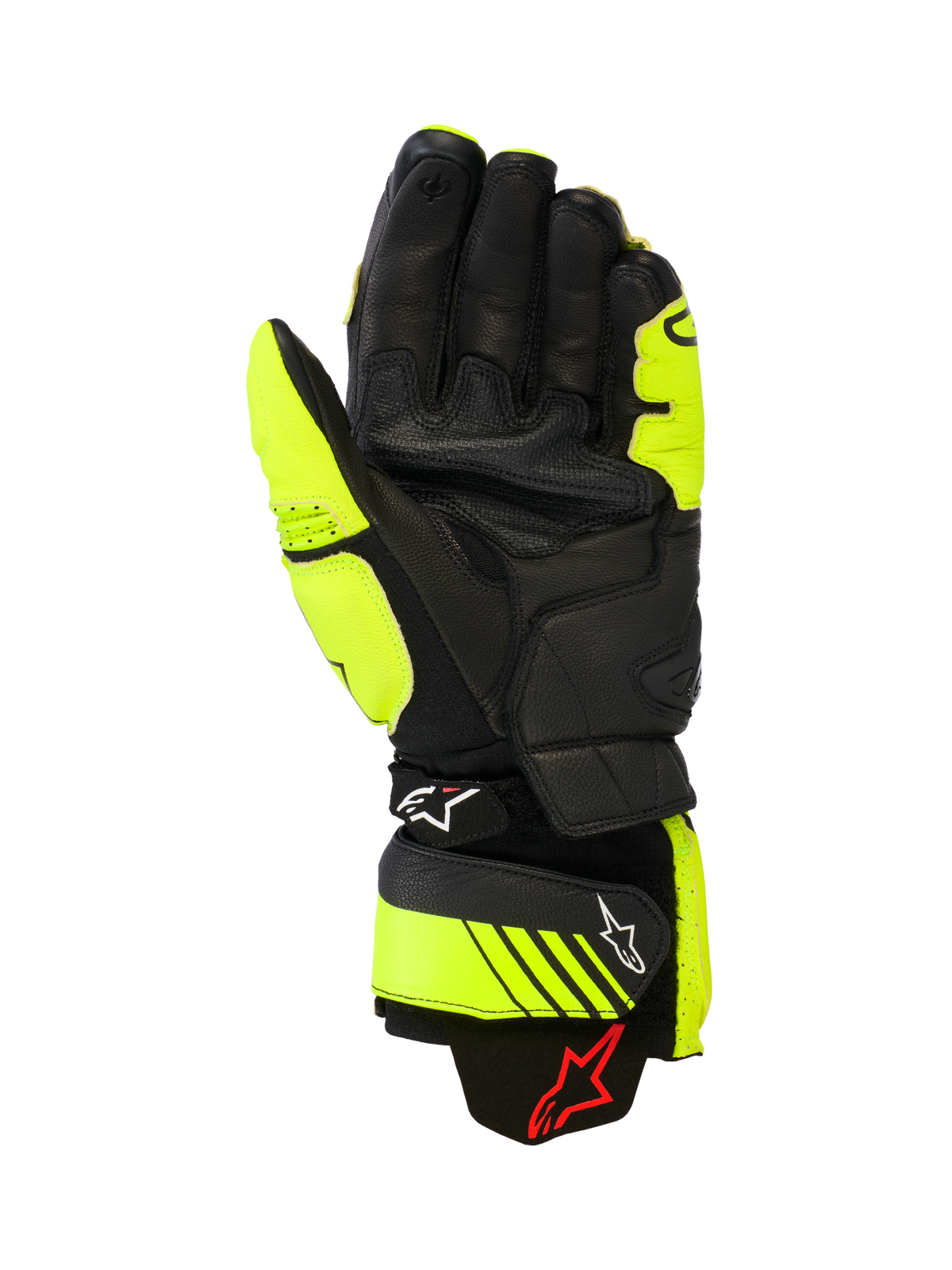 Alpinestars GP Plus R V3 Lederhandschuhe, Renn- und Sport-Motorradhandschuhe, Gelb Fluo und Schwarz, Handflächenansicht zeigt Lederkonstruktion, verstärkte Griffbereiche und verstellbare Manschettenriemen mit Alpinestars-Branding, High-Performance-Ausrüstung für die Rennstrecke
