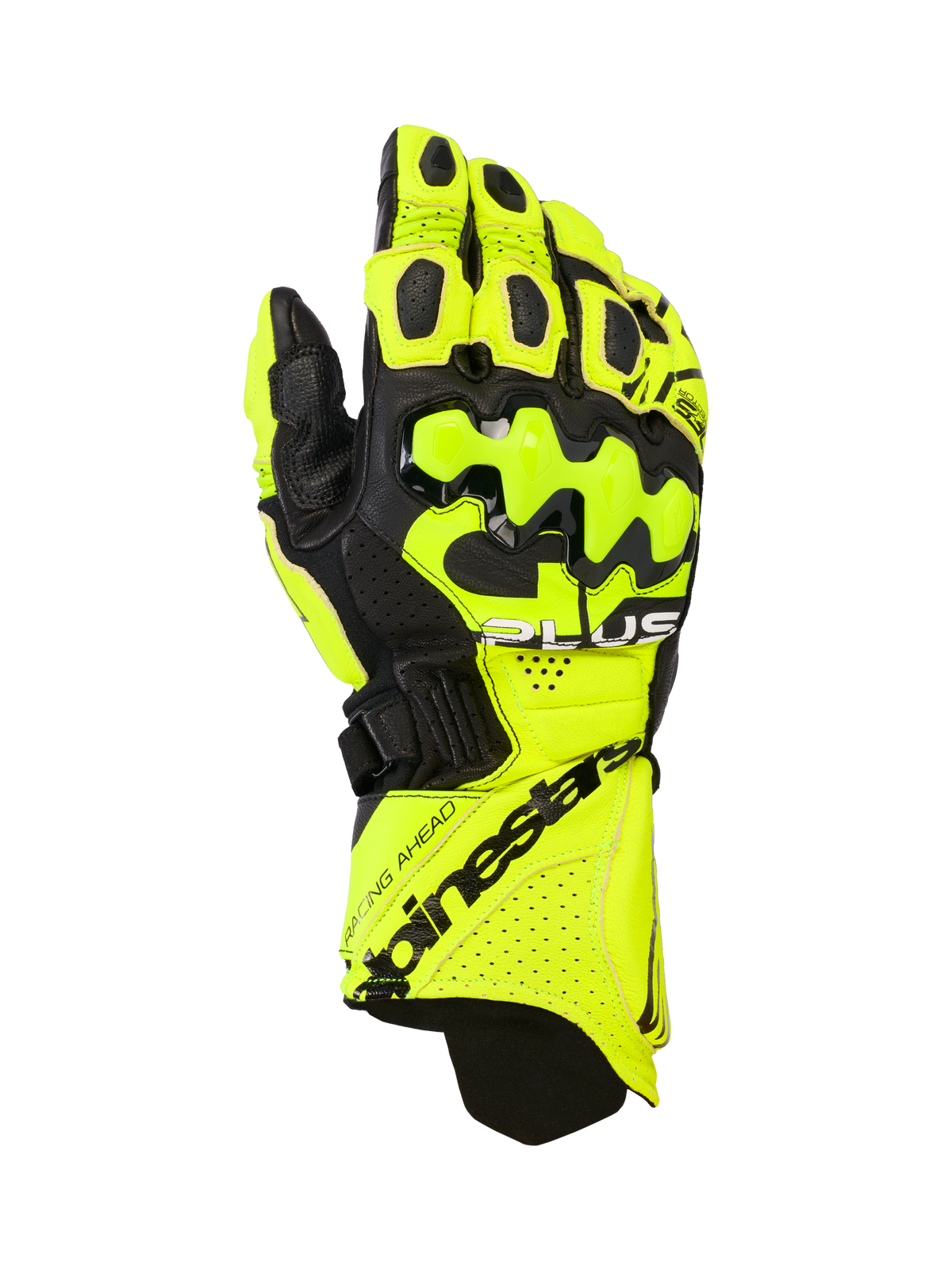 Alpinestars GP Plus R V3 Lederhandschuhe, Motorradrennhandschuhe, Gelb Fluo und Schwarz, mit harten Knöchelprotektoren, perforierten Belüftungszonen und sicherem Manschettenverschluss mit markantem Branding.