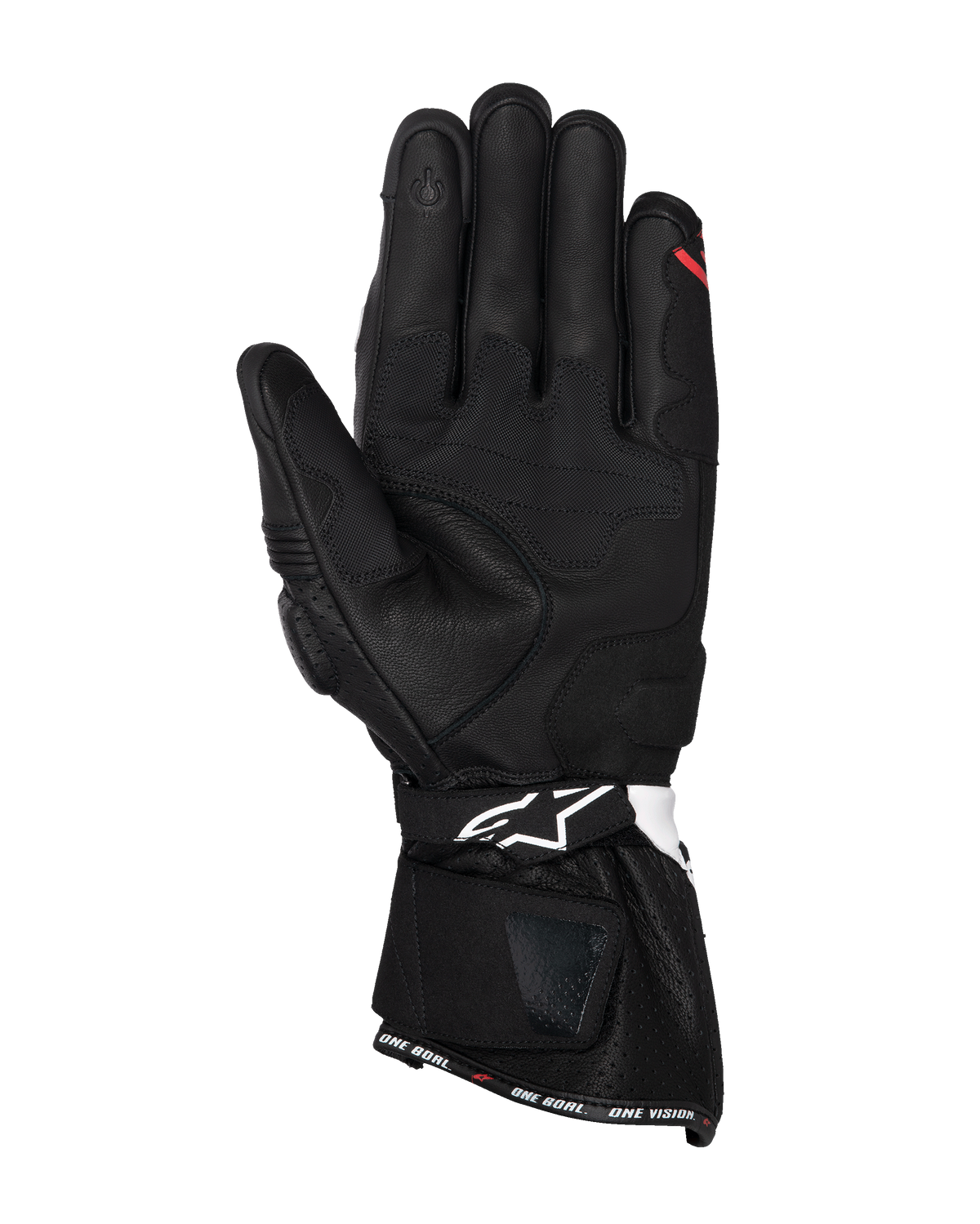 Alpinestars SP-3 Handschuhe, schwarze Motorradhandschuhe aus Leder, Handflächenansicht mit verstärkten Grip-Panels, touchscreen-kompatibler Zeigefinger, lange Manschette mit weißem Logo auf dem Handgelenkriemen und 'ONE GOAL. ONE VISION.' Branding am Saum.