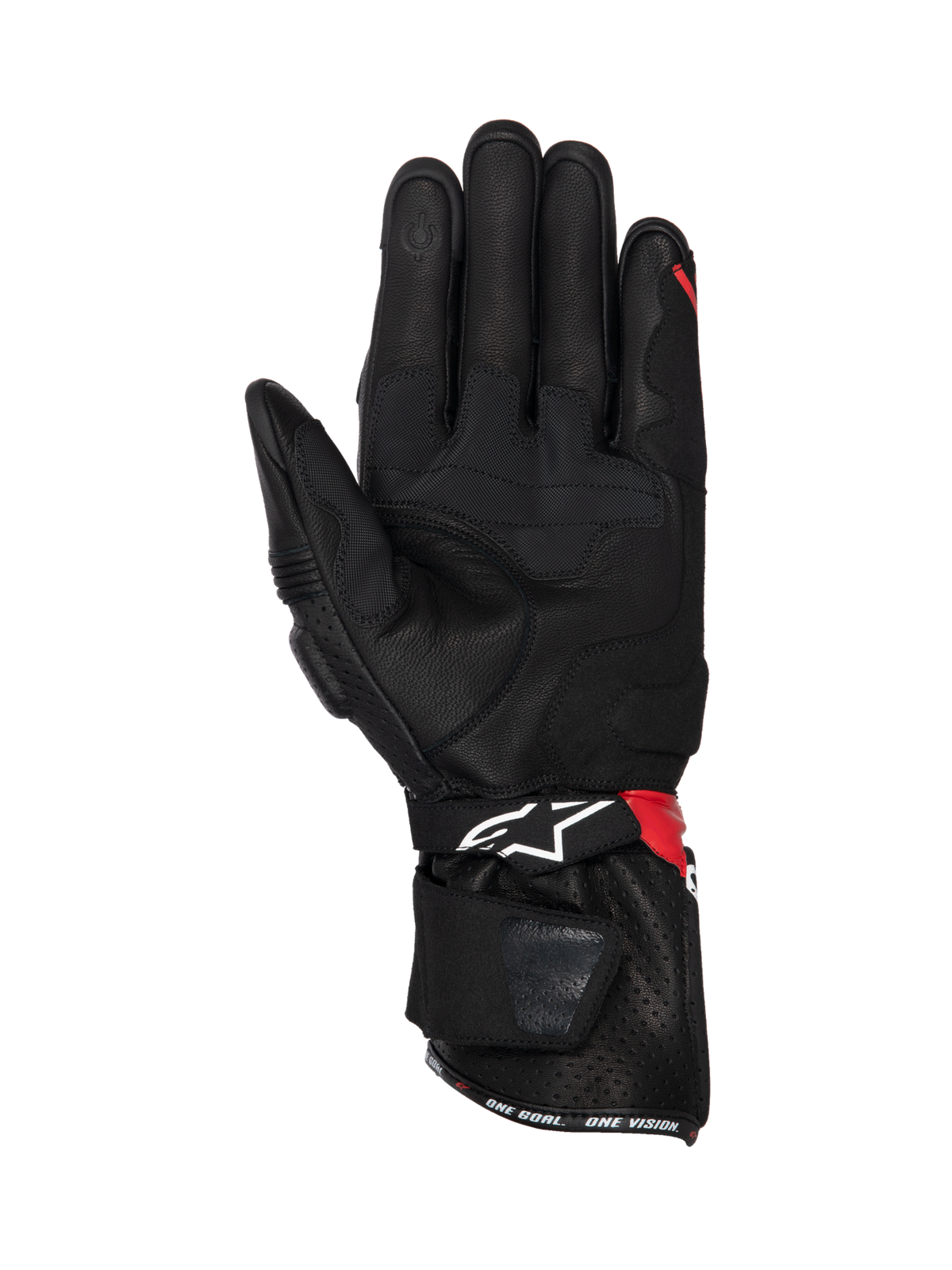 Alpinestars SP-3 Handschuhe, Motorrad-Rennhandschuhe aus schwarzem Leder mit roten Details, Grip-Einsätze an der Handfläche.