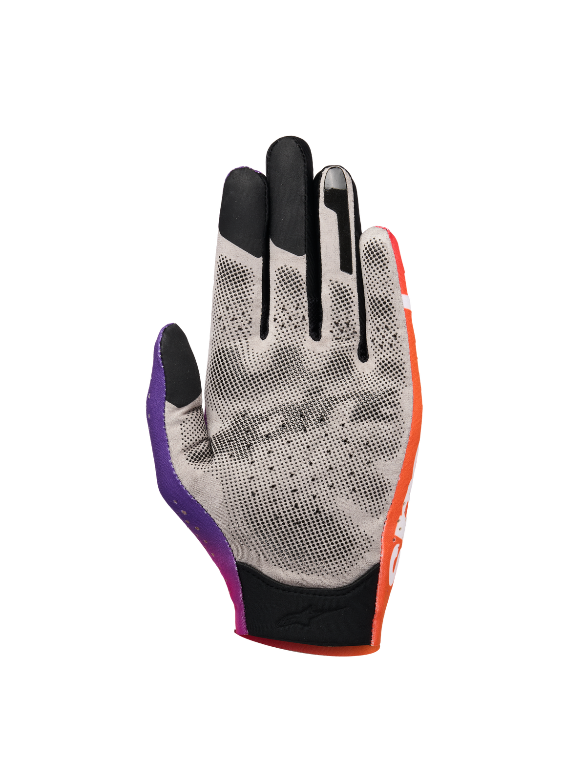 Alpinestars Sim Gloves Graphic 2, Sim-Racing-Handschuhe, Orange, Neon-Lila und Weiß, Handflächenansicht mit grauem Stoff und schwarzen 3D-gedruckten Grip-Noppen, Touchscreen-kompatible Fingerspitzen und kurze Manschette für Präzision beim virtuellen Rennsport