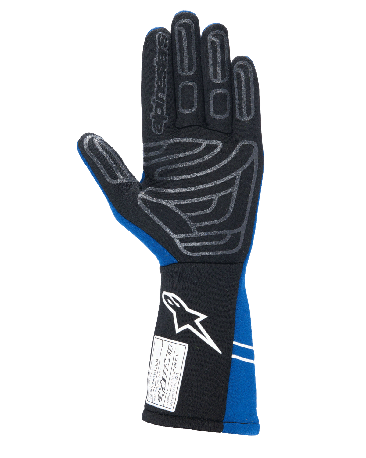 Alpinestars Tech-1 Start V4 Handschuhe FIA, Auto-Rennhandschuhe, Königsblau und Schwarz, Handflächenansicht mit grauem Silikon-Gripmuster auf Fingern und Handfläche, verlängerte Manschette mit weißem Logo und FIA-Homologationsetikett