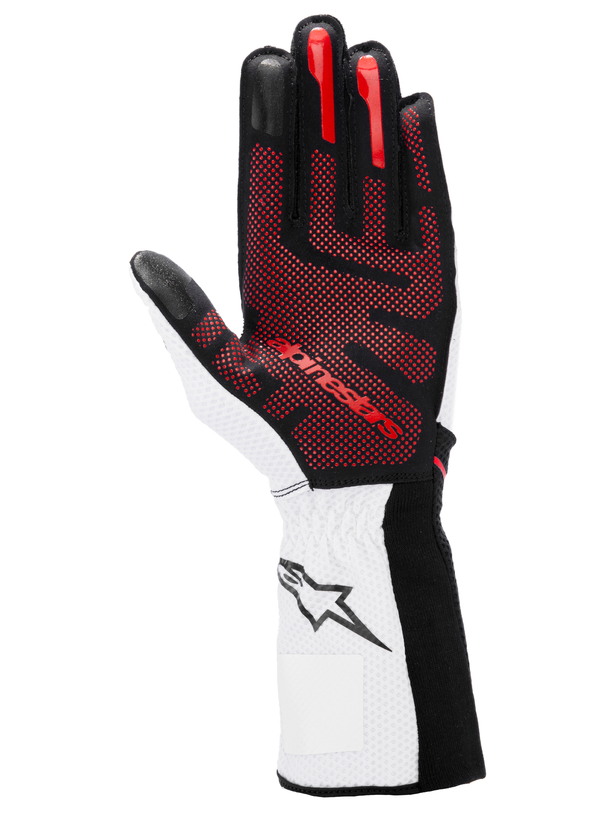 Alpinestars Tech-1 KX V4 Handschuhe, Karthandschuhe, Schwarz, Weiß und Rot, Handflächenansicht mit rotem 3D-Silikon-Gripmuster, weißes Handgelenk mit schwarzem Stern-Logo, Hochleistungs-Motorsport-Design