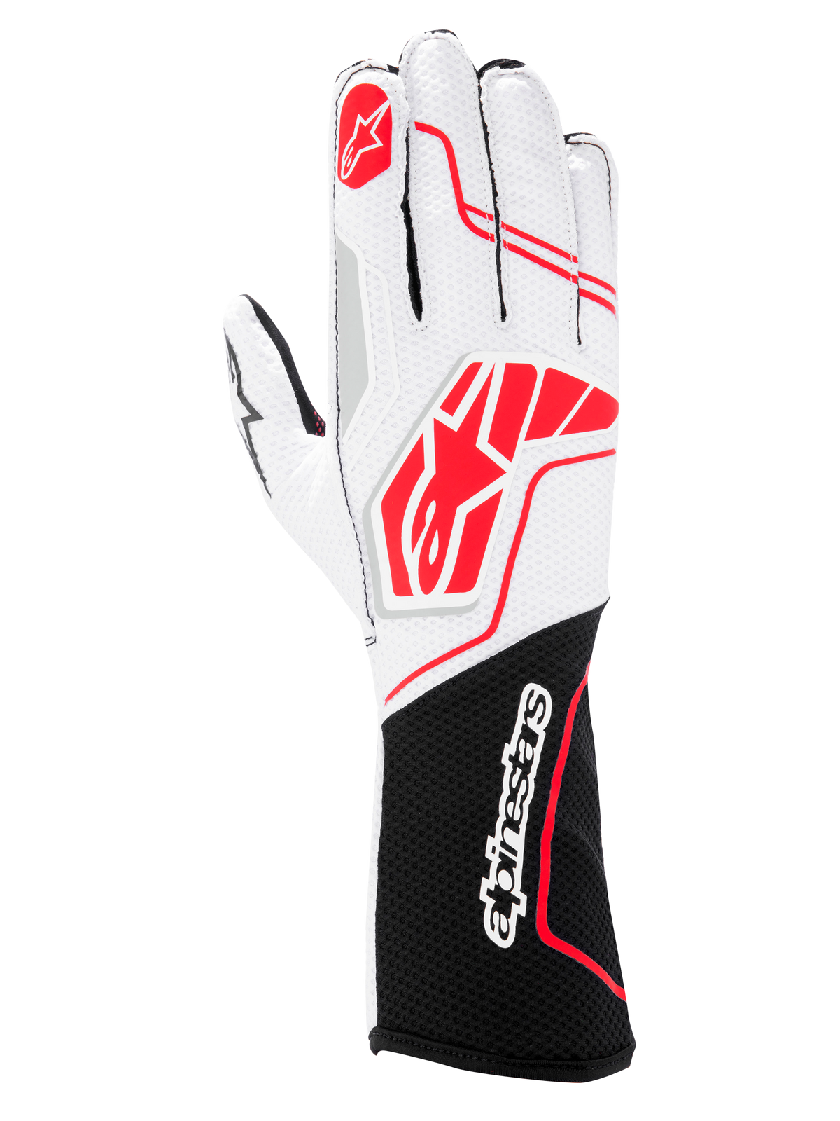 Alpinestars Tech-1 KX V4 Handschuhe, Kart-Handschuhe, Schwarz Weiß Rot, mit einem atmungsaktiven Obermaterial aus weißem Mesh, roten Alpinestars-Logos und einer schwarzen Handgelenksmanschette mit weißem Markenschriftzug.