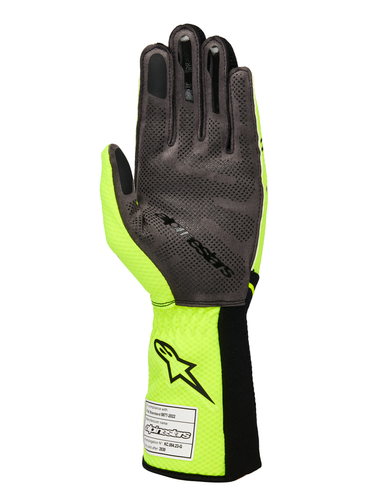 Alpinestars Tech-1 KX V4 Handschuhe, Kart-Handschuhe, Gelb Fluo und Schwarz, Handflächenansicht mit grauem synthetischem Wildleder und 3D-Silikon-Gripmuster, FIA-Homologationsetikett am gerippten Bündchen, Performance-Racing-Design