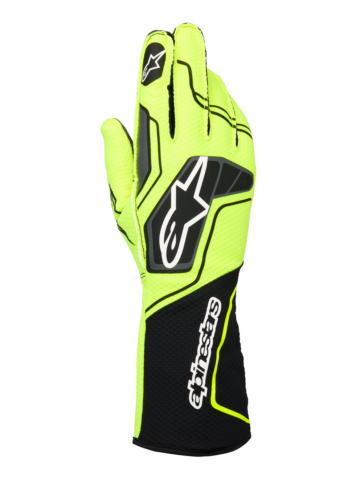 Alpinestars Tech-1 KX V4 Handschuhe, Karting-Rennhandschuhe, Neongelb und Schwarz, Rückansicht mit atmungsaktiver zweilagiger Mesh-Konstruktion, markantem Astar-Logo auf dem Handrücken und Alpinestars-Schriftzug auf der verlängerten gerippten Stulpe, ergonomisches Performance-Design