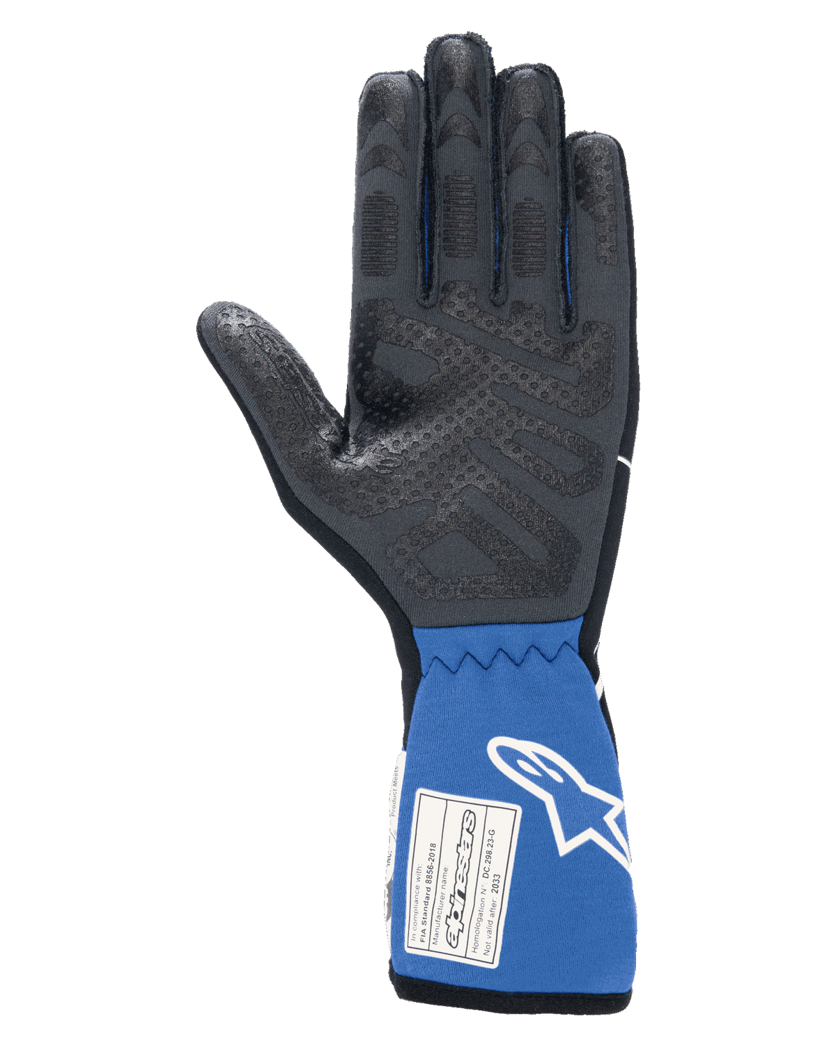 Alpinestars Tech-1 Race V4 Handschuhe, Schwarz und Blau, Innenhandansicht mit strukturierter Silikon-Grip-Struktur, verlängerte blaue Stulpe mit FIA-Zertifizierungsetikett und weißem Alpinestars-Logo, professionelle Autorennsporthandschuhe