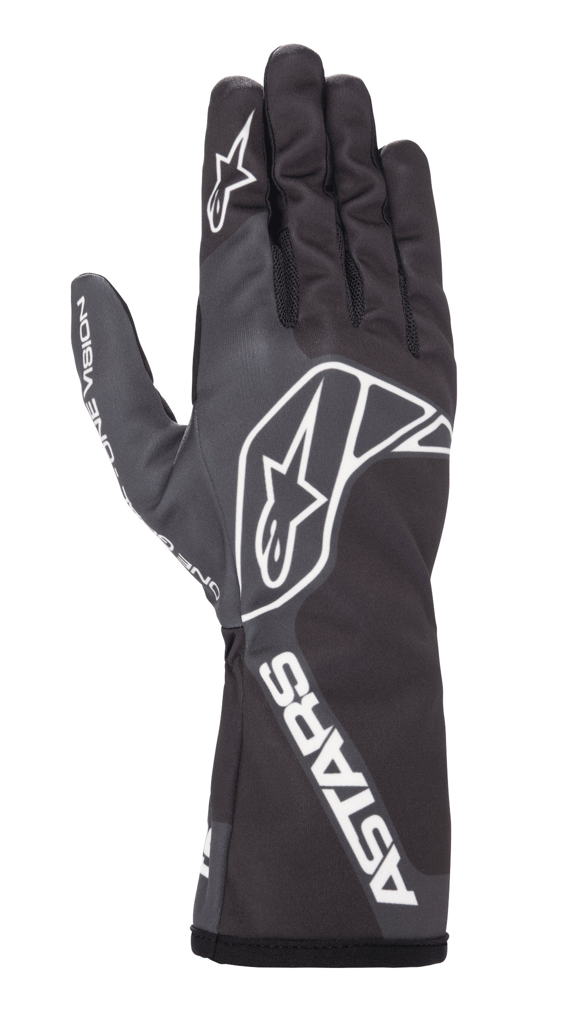 Alpinestars Tech-1 K Race V2 One Vision Gloves, Karting Racing Gloves, Black and Tar Gray, featuring white star logo on the back and finger, ASTARS branding on the cuff, sleek design with long gauntlet cuff