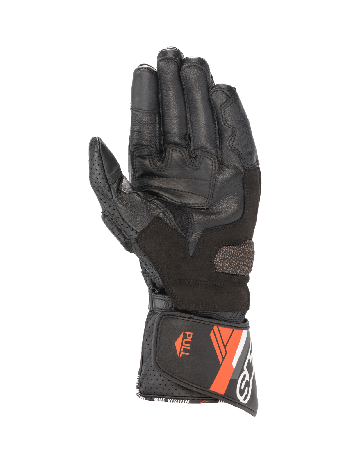 Alpinestars SP-8 V3 Leder-Motorradhandschuhe für Herren, Schwarz und Rot Fluo, Handflächenansicht mit Griffeinsätzen und sicherem Manschettenverschluss.