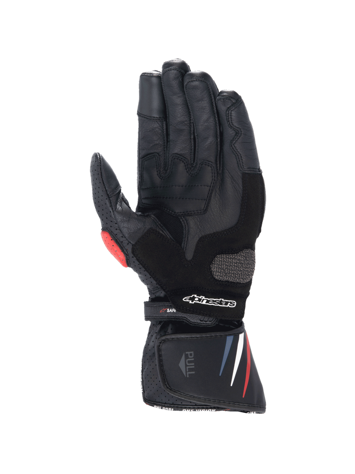 Alpinestars Honda SP-8 V3 Handschuhe, Motorradrennhandschuhe für Herren, Schwarz mit hellroten und blauen Akzenten, hochwertiges Leder, verstärkte Handfläche mit Handflächenslider, Handflächenansicht.