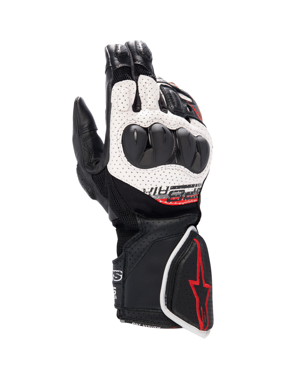 Alpinestars SP-8 V3 Air Gloves, men's motorcycle racing gloves in black and white with red accents and knuckle protection.