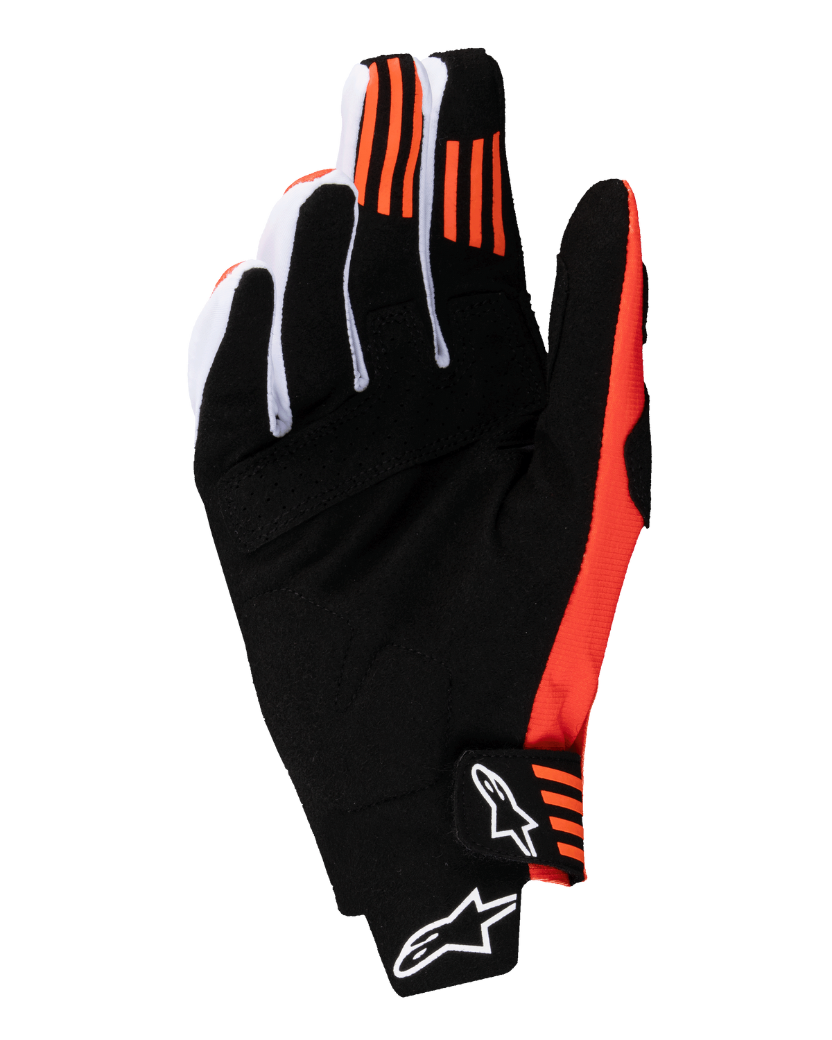 Alpinestars 2025 Techstar Handschuhe, Motocross-Handschuhe, Schwarz und Hot Orange, Handflächenansicht mit synthetischem Wildleder, orangefarbenem Silikon-Grip an Zeige- und Mittelfinger sowie geformtem Verschluss mit weißem Alpinestars-Logo.