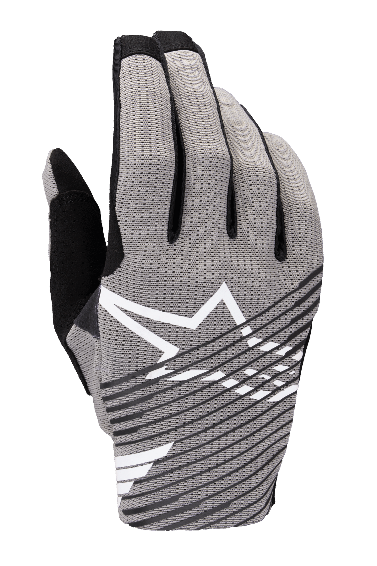 Alpinestars 2025 Radar Pro Gloves, Motocross Gloves, Gray with Black and White accents, featuring breathable 4-way stretch mesh backhand, white star logo, black diagonal striped design, minimalist performance racing style