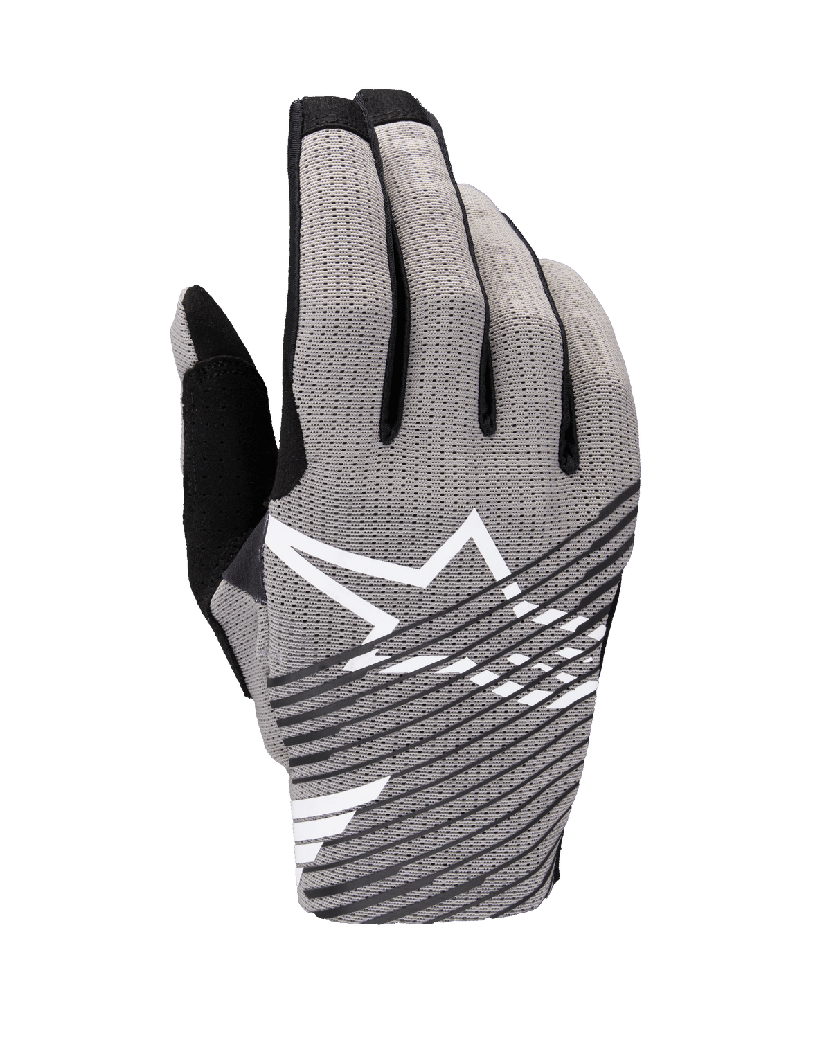 Alpinestars 2025 Radar Pro Gloves, Motocross Gloves, Gray and Black, backhand view featuring breathable 4-way stretch mesh, white star logo with black diagonal stripes, designed for performance and airflow