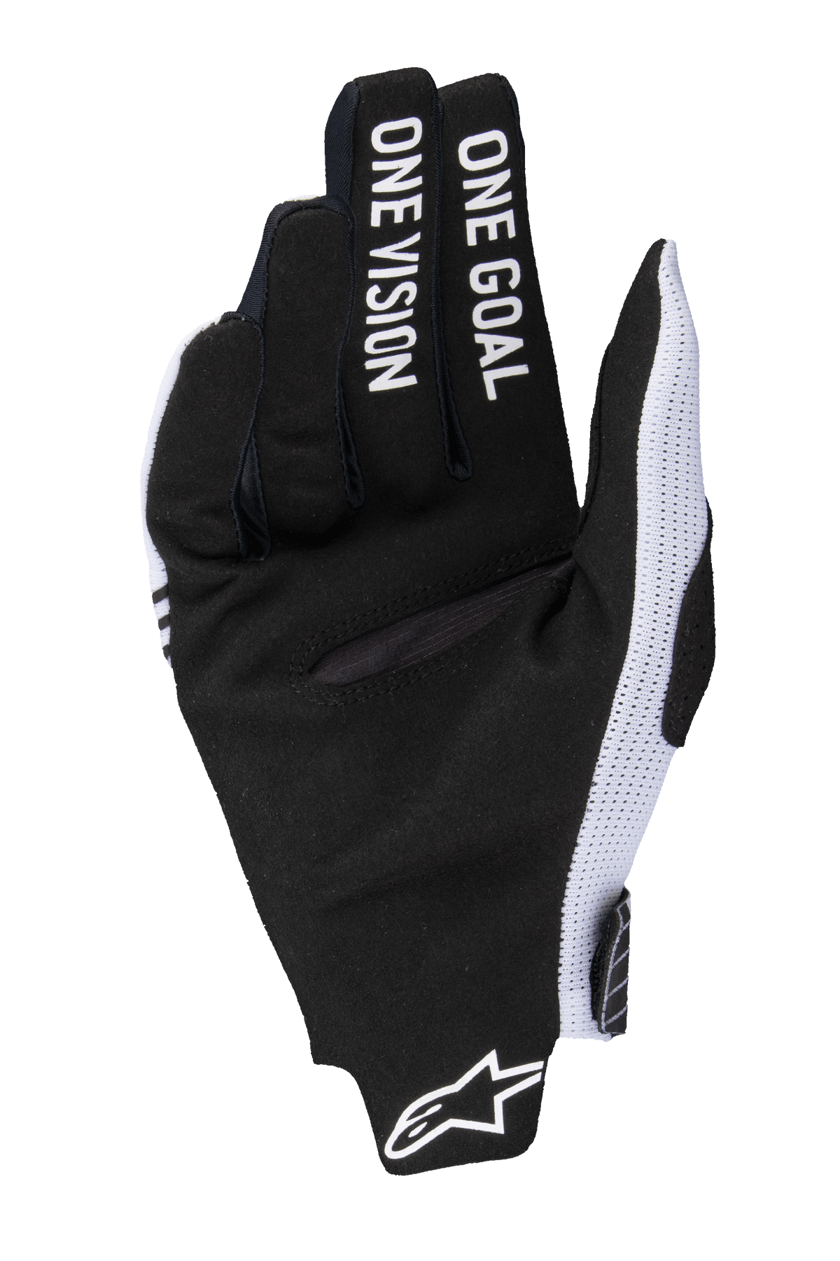 Alpinestars 2025 Radar Pro Handschuhe, Motocross-Handschuhe, Weiß und Schwarz, Handflächenansicht mit schwarzem synthetischem Wildleder, „ONE GOAL ONE VISION“-Schriftzug auf den Fingern, weißen Mesh-Seitenpaneelen und Alpinestars-Logo am Handgelenk.