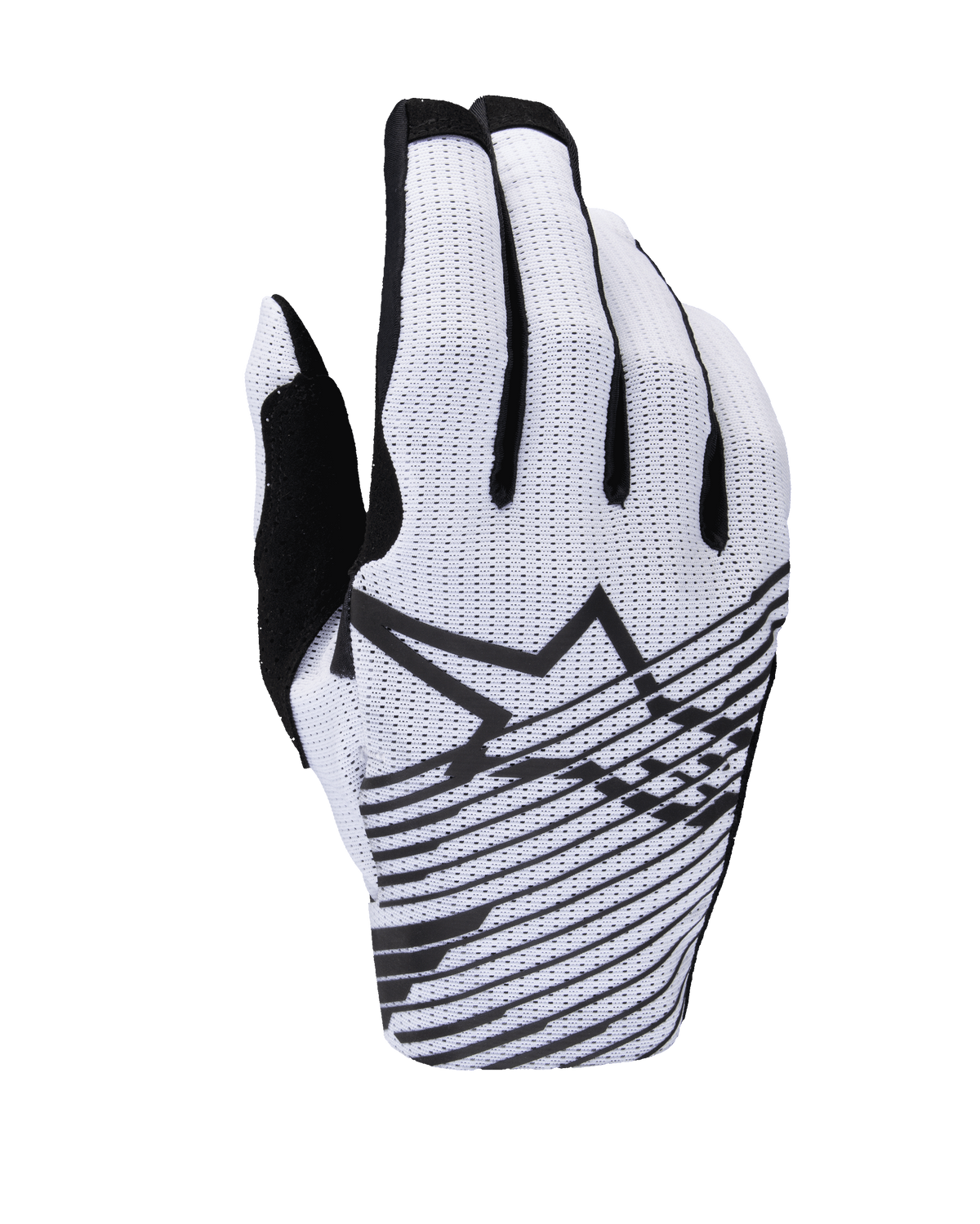 Alpinestars 2025 Radar Pro Handschuhe, Motocross-Handschuhe, Weiß und Schwarz, Ansicht der Oberhand mit perforierter Mesh-Konstruktion, schwarzes Alpinestars Stern-Logo mit horizontalen Grafiklinien und schwarzen Fingerakzenten