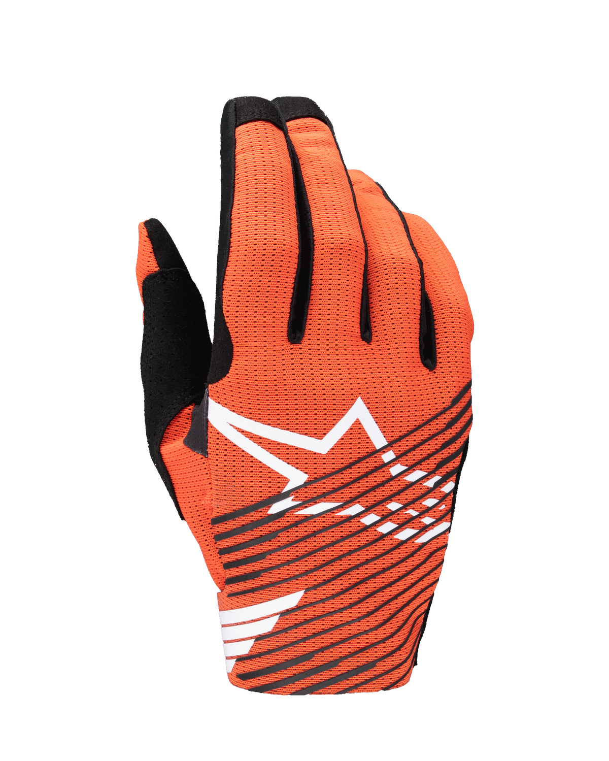 Alpinestars Radar Pro Handschuhe 2025, Motocross-Handschuhe, Hot Orange und Schwarz, mit einem großen weißen Stern-Logo und schwarzen diagonalen Streifen auf einer perforierten Mesh-Oberhand, entwickelt für leichtgewichtige Performance und Luftzirkulation