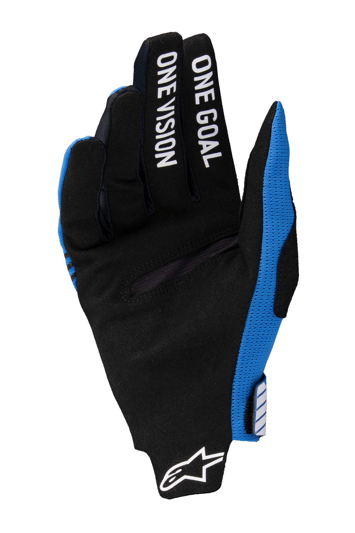 Alpinestars 2025 Radar Pro Gloves, Motocross Gloves, Blue and Black, palm view with black synthetic suede, white "ONE GOAL ONE VISION" printed on the fingers, white Alpinestars logo at the wrist, lightweight off-road racing design