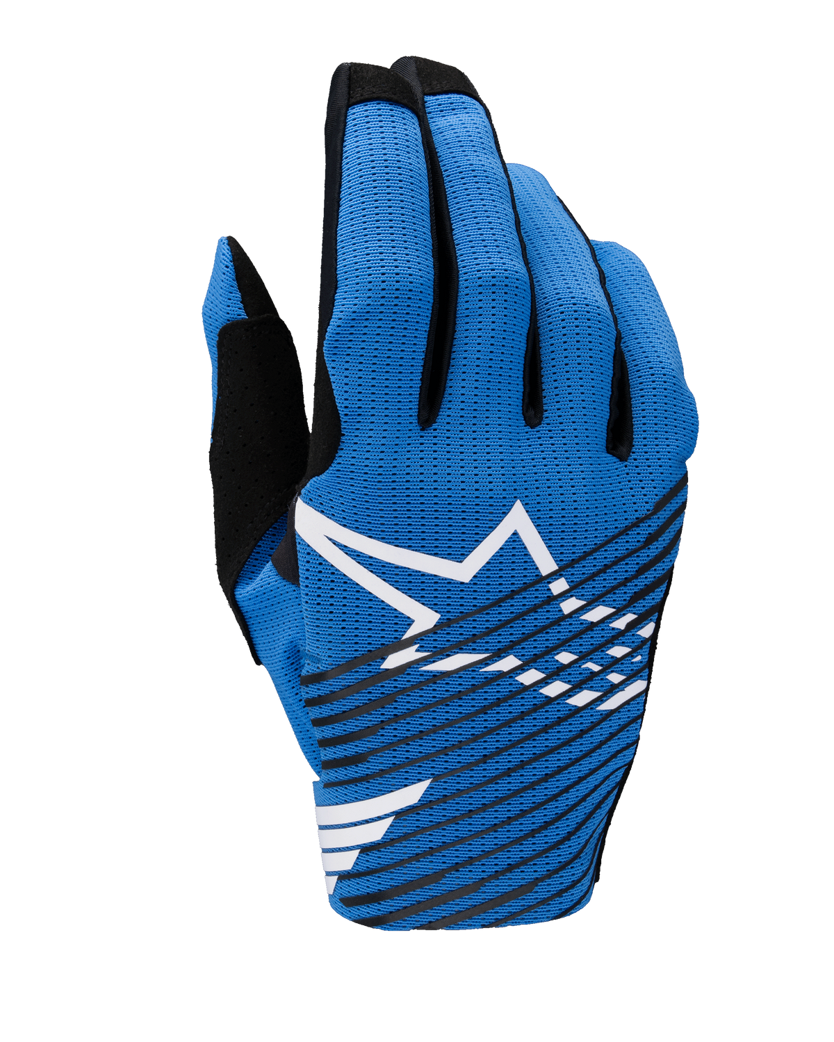 Alpinestars 2025 Radar Pro Gloves, Motocross Gloves, Blue with white Astar logo and diagonal black stripes, lightweight breathable mesh design for off-road performance
