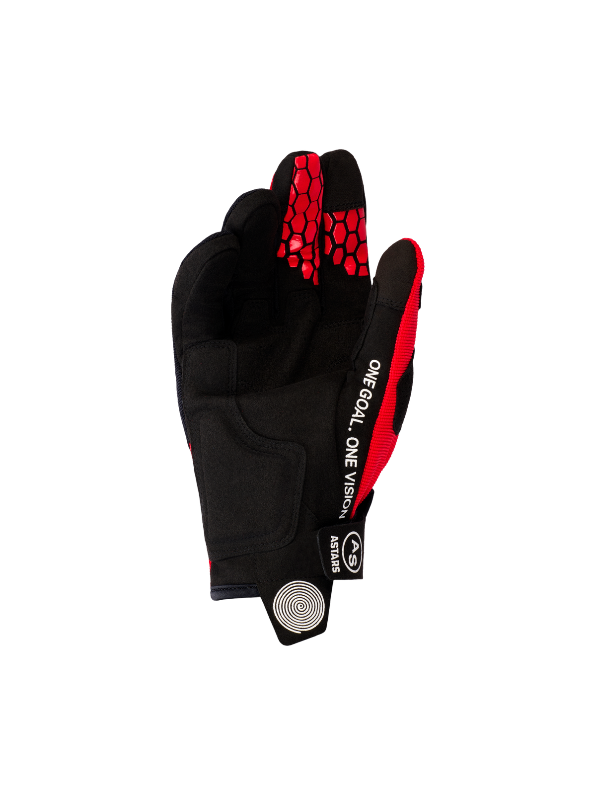 Alpinestars 2026 Pro-Dura Gloves, Motocross and Enduro Gloves, Bright Red and Black, palm side view featuring black synthetic suede, white 'ONE GOAL. ONE VISION' text on the side, and red honeycomb patterns on the fingertips.